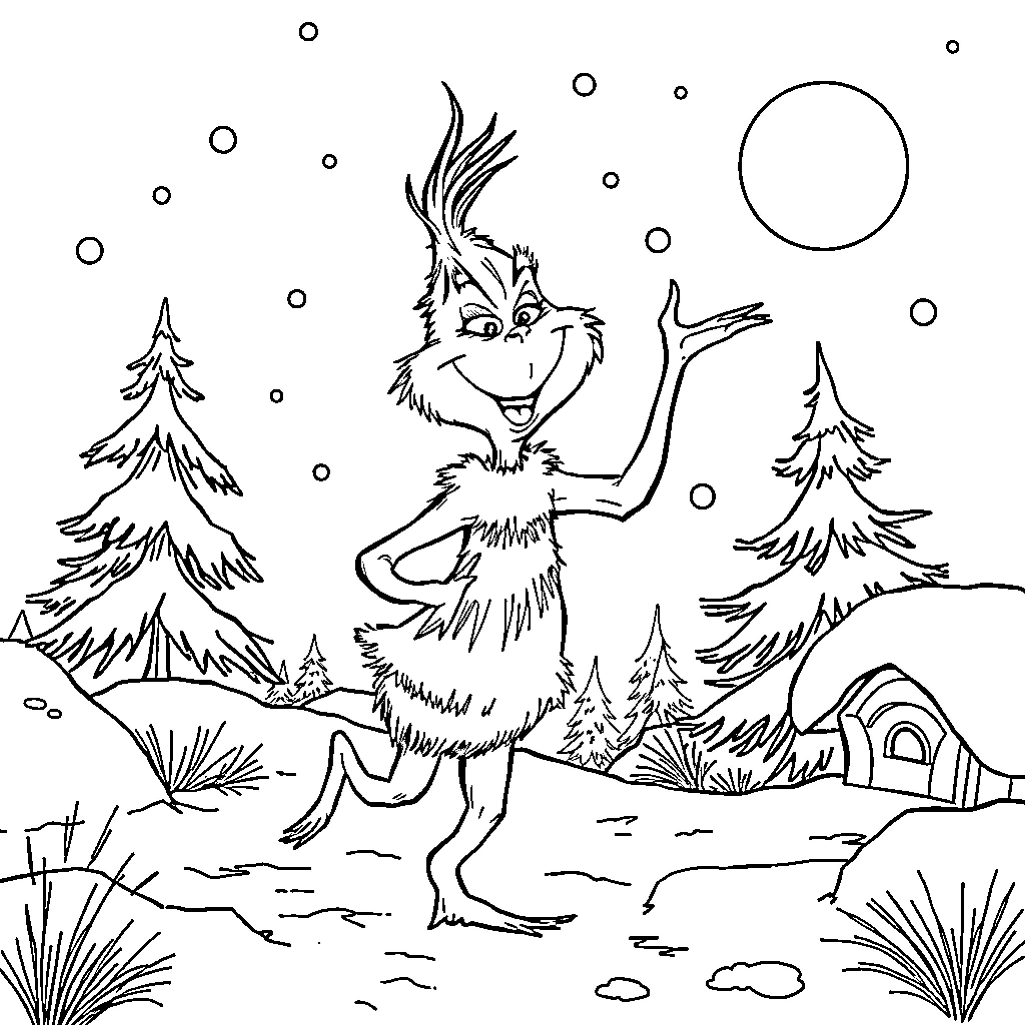 Grinch dancing playfully in the winter wonderland Coloring Page (free black-and-white line drawing printable PDF for all, from beginners to advanced learners, including children, teens, adults, and seniors)