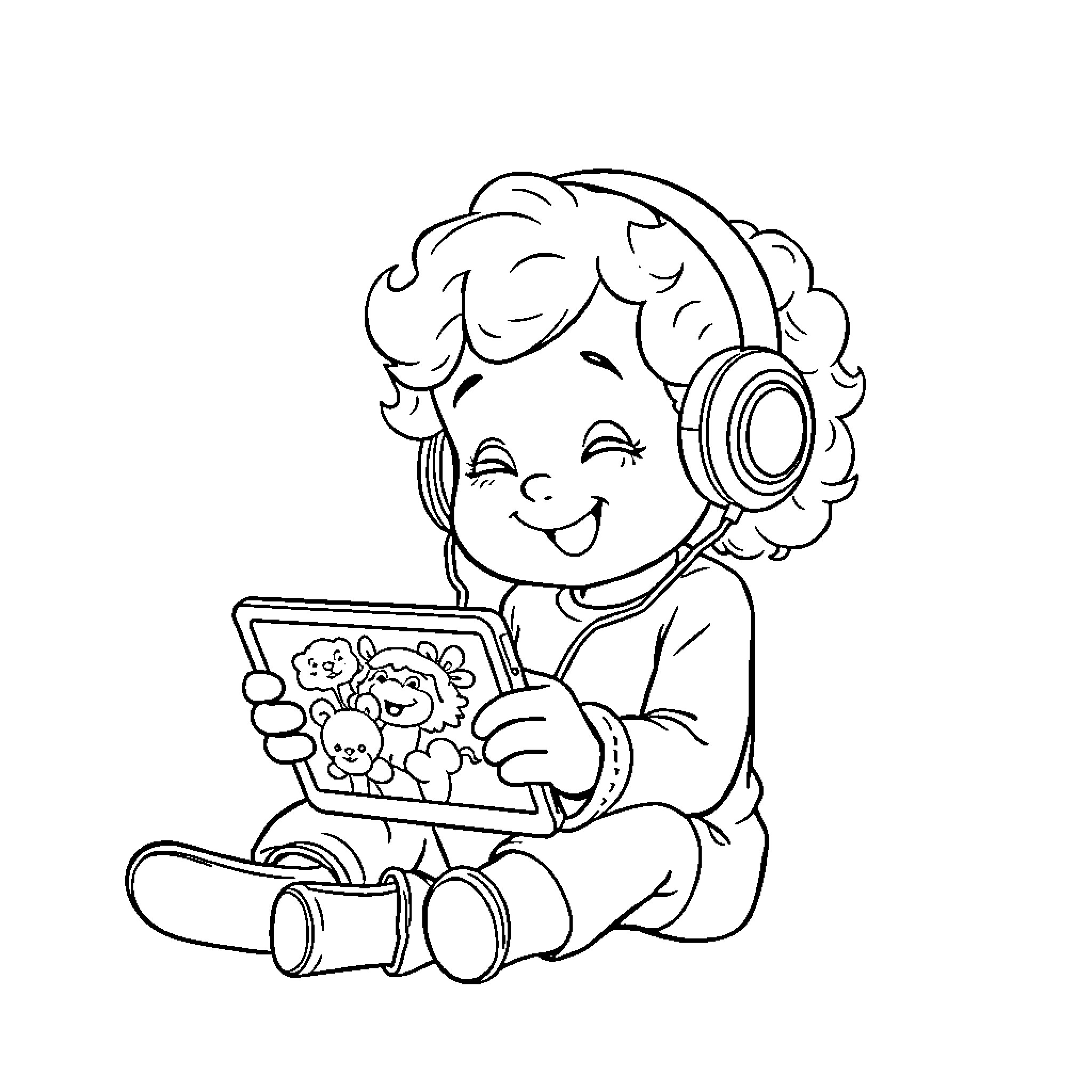 Girl happily reading a storybook with headphones Coloring Page (free black-and-white line drawing printable PDF for all, from beginners to advanced learners, including children, teens, adults, and seniors)