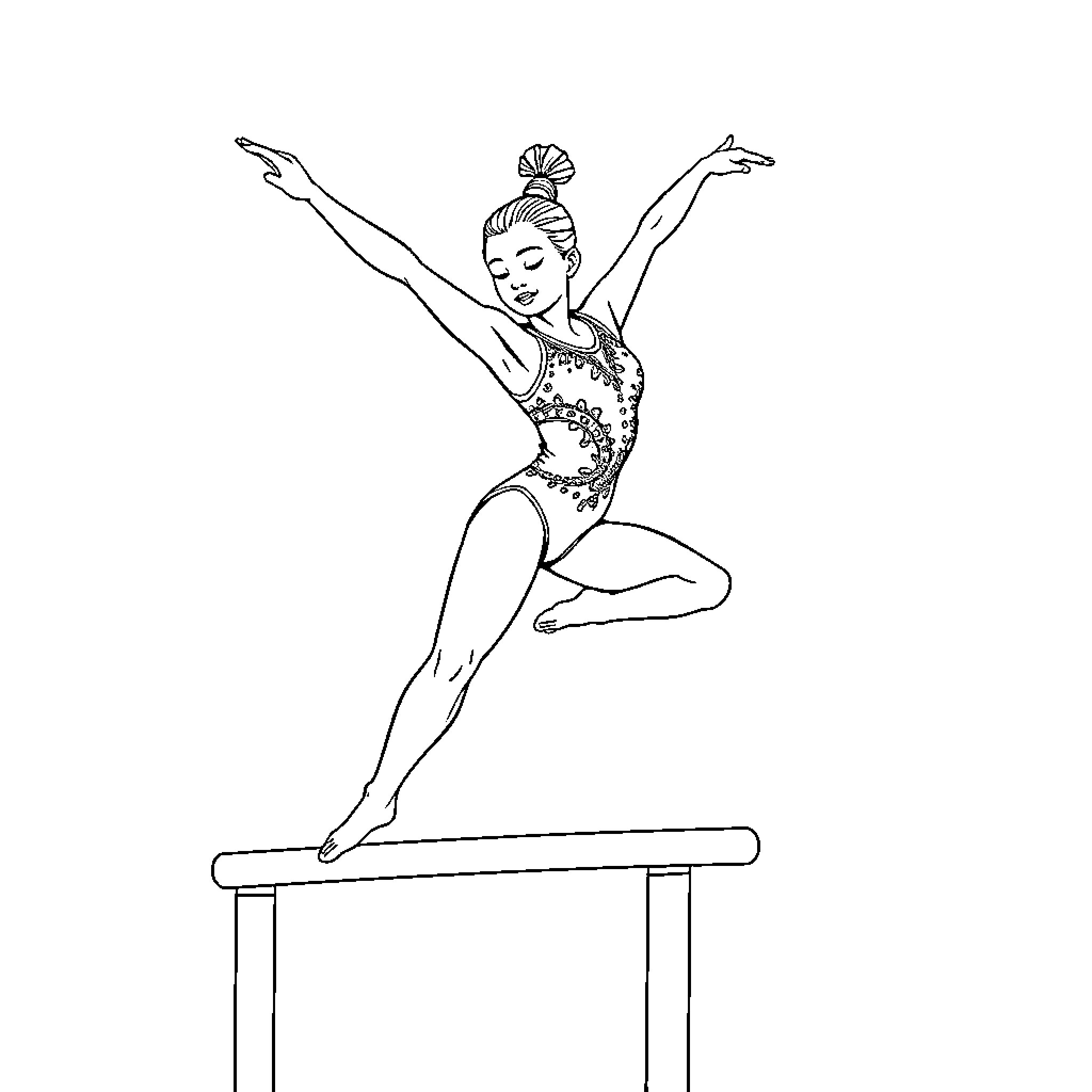 Gymnast performing acrobatic routine on balance beam Coloring Page (free black-and-white line drawing printable PDF for all, from beginners to advanced learners, including children, teens, adults, and seniors)