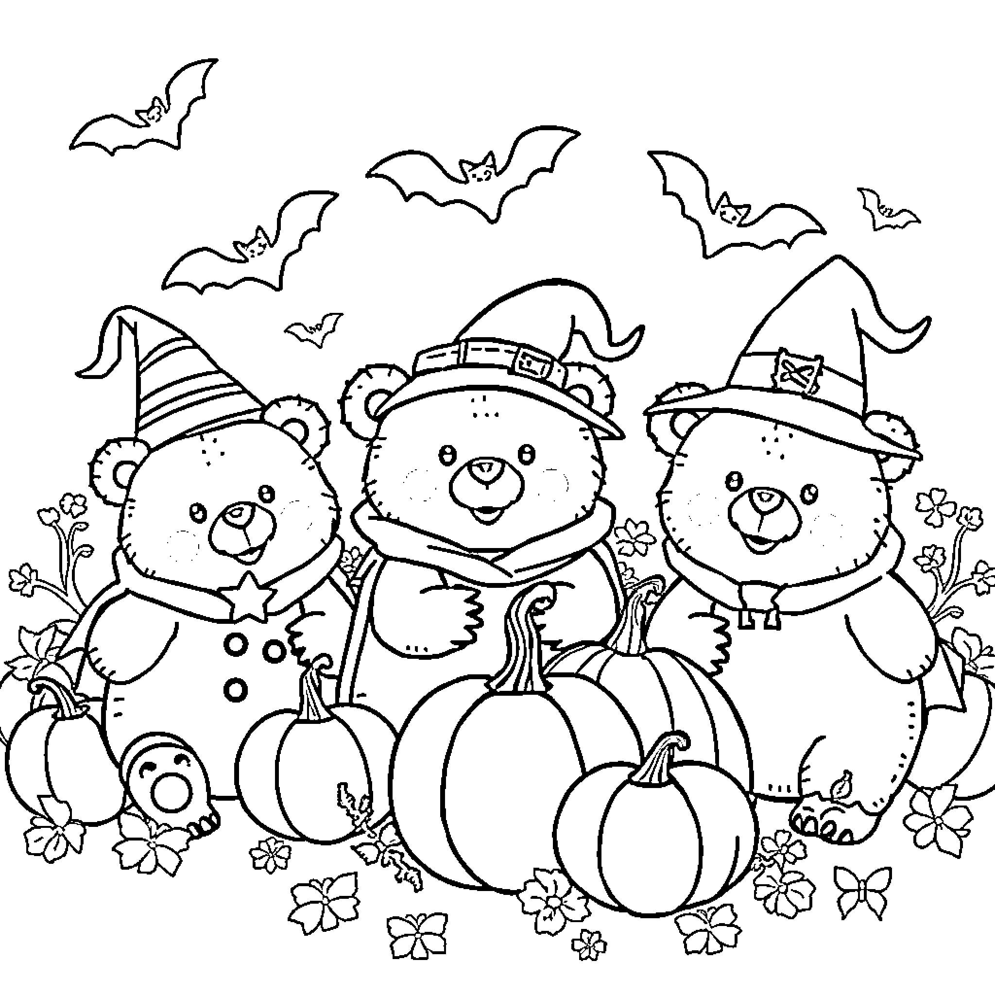 Bears in Halloween costumes with pumpkins and bats Coloring Page (free black-and-white line drawing printable PDF for all, from beginners to advanced learners, including children, teens, adults, and seniors)
