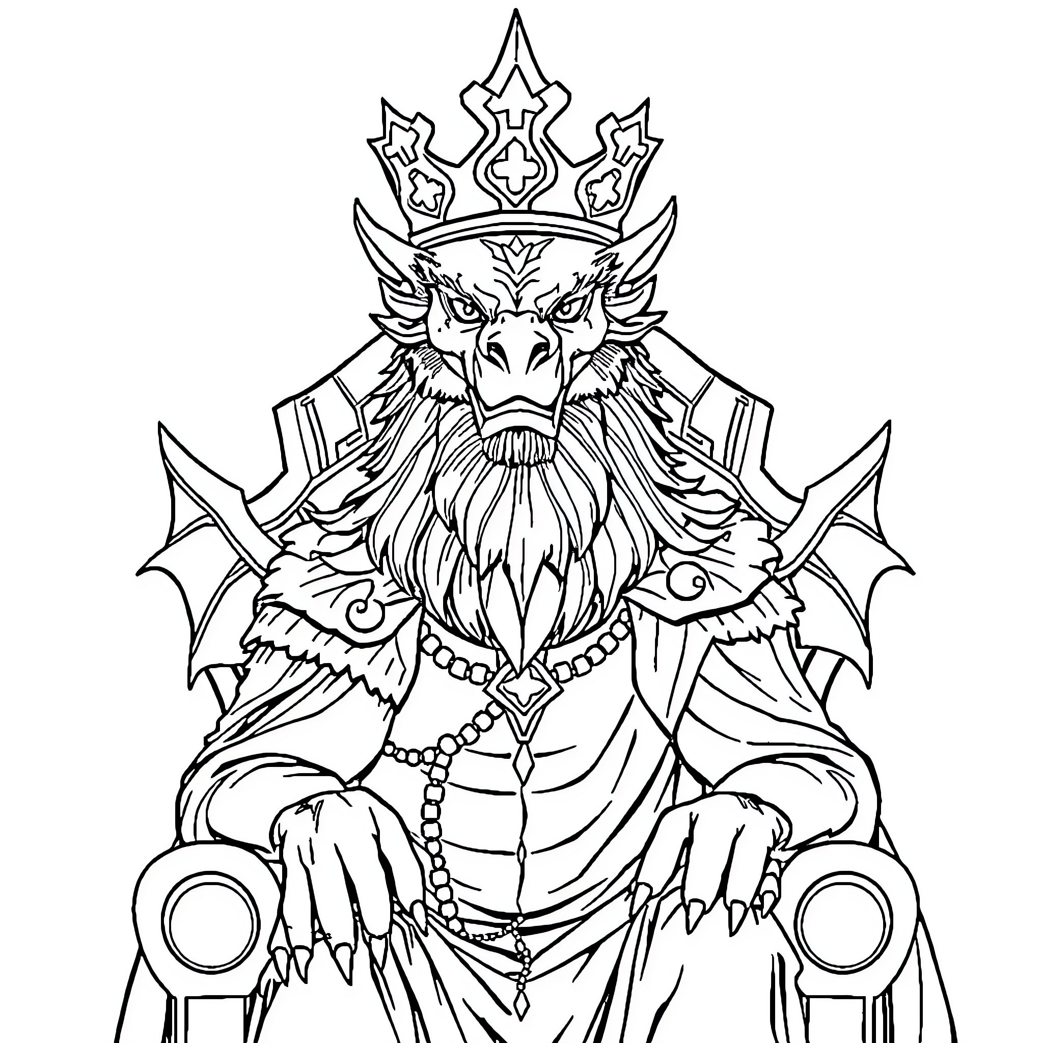 Dragon King on Ornate Throne Coloring Page (free black-and-white line drawing printable PDF for all, from beginners to advanced learners, including children, teens, adults, and seniors)