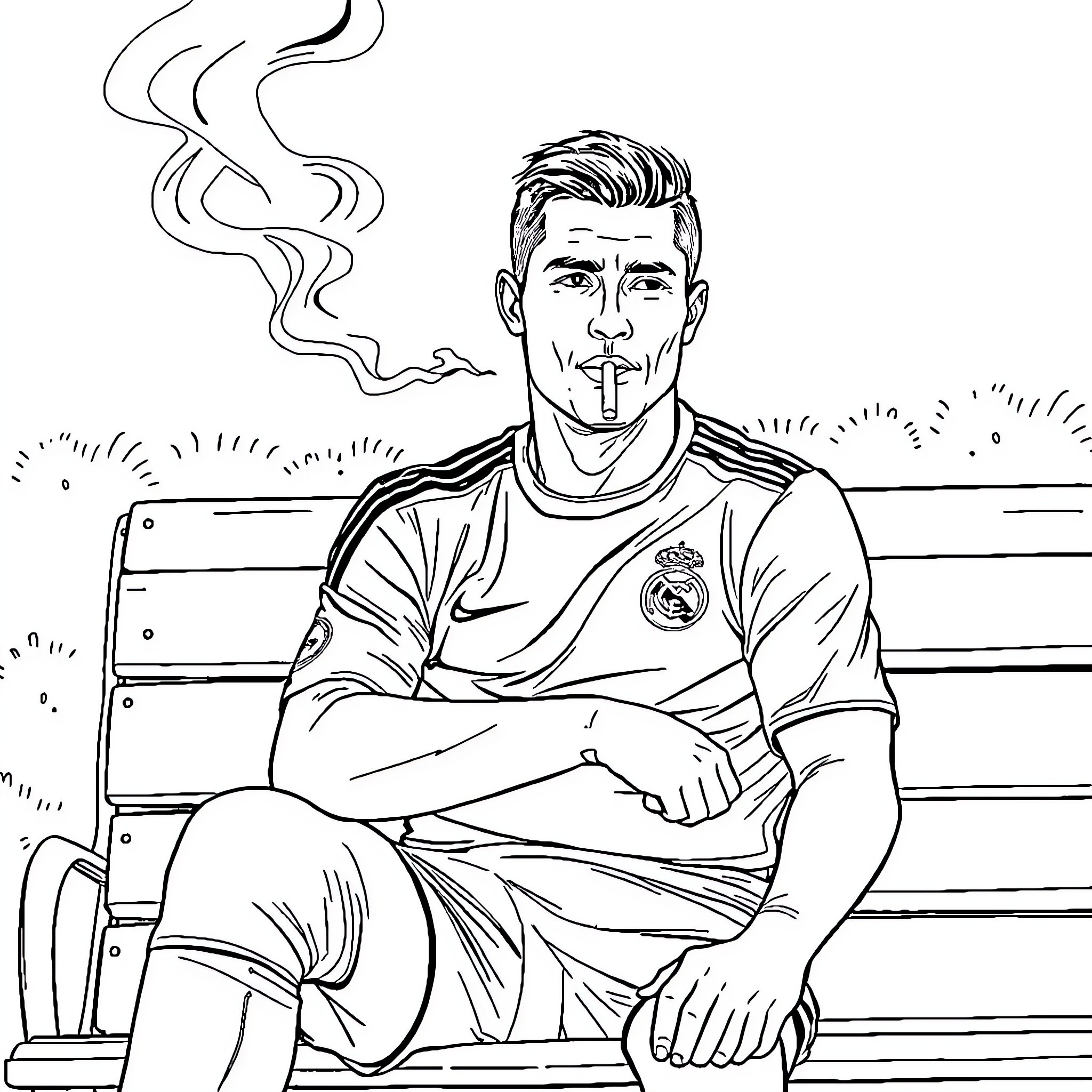 Ronaldo relaxing on the bench in his soccer uniform Coloring Page (free black-and-white line drawing printable PDF for all, from beginners to advanced learners, including children, teens, adults, and seniors)