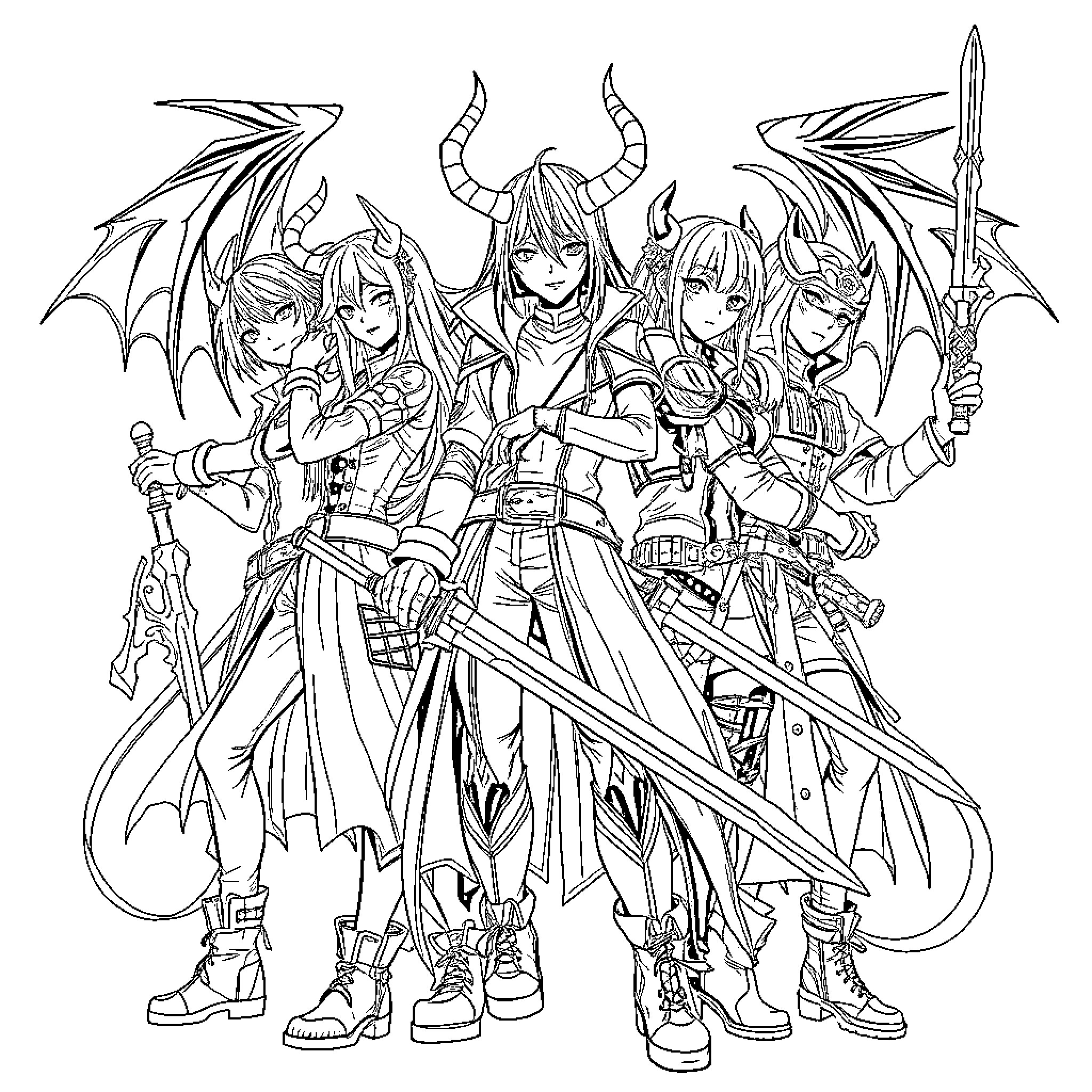 Kpop Demon Hunter: Fierce Warriors in Mystical Attire Coloring Page (free black-and-white line drawing printable PDF for all, from beginners to advanced learners, including children, teens, adults, and seniors)