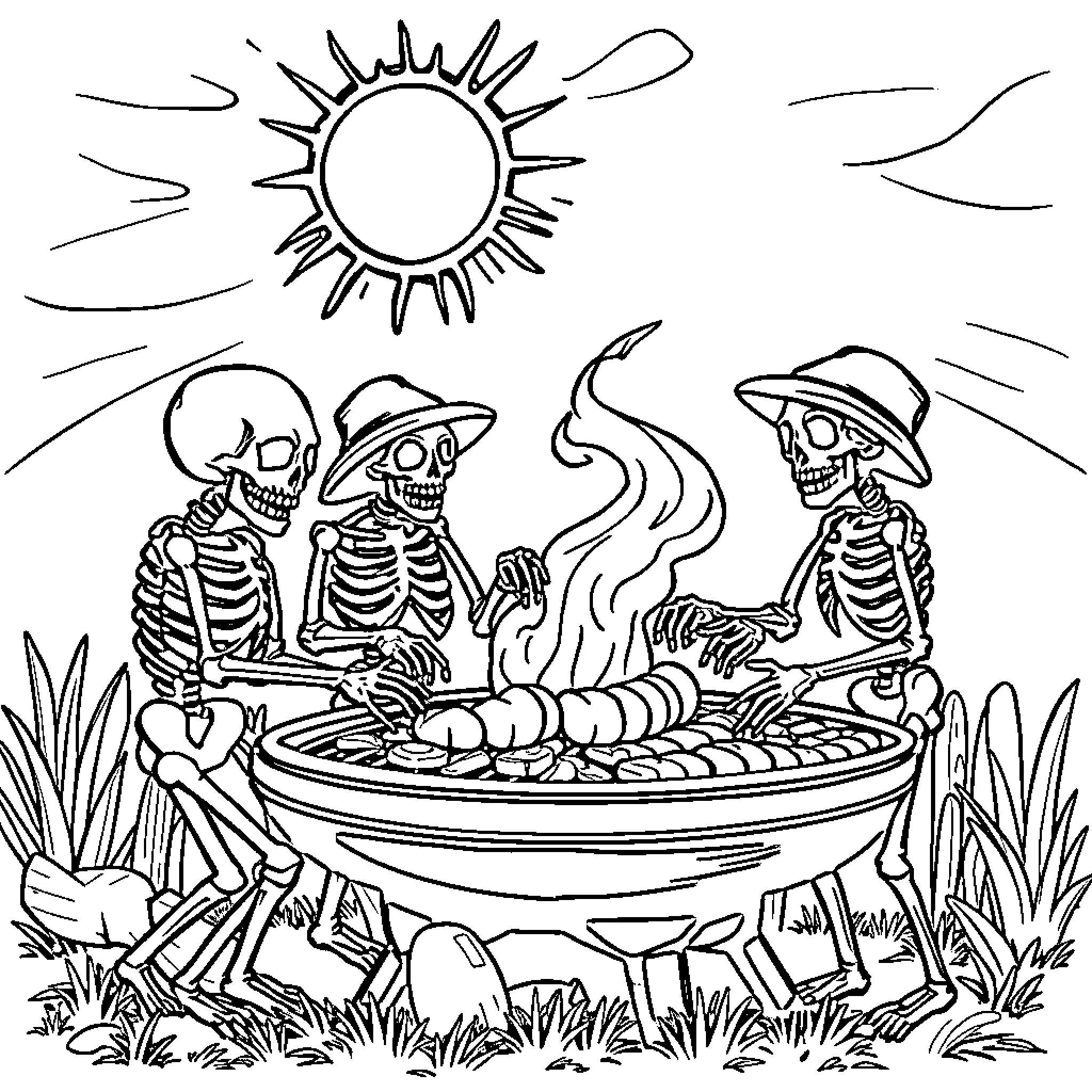 Skeleton friends enjoying a cookout in the sun Coloring Page (free black-and-white line drawing printable PDF for all, from beginners to advanced learners, including children, teens, adults, and seniors)