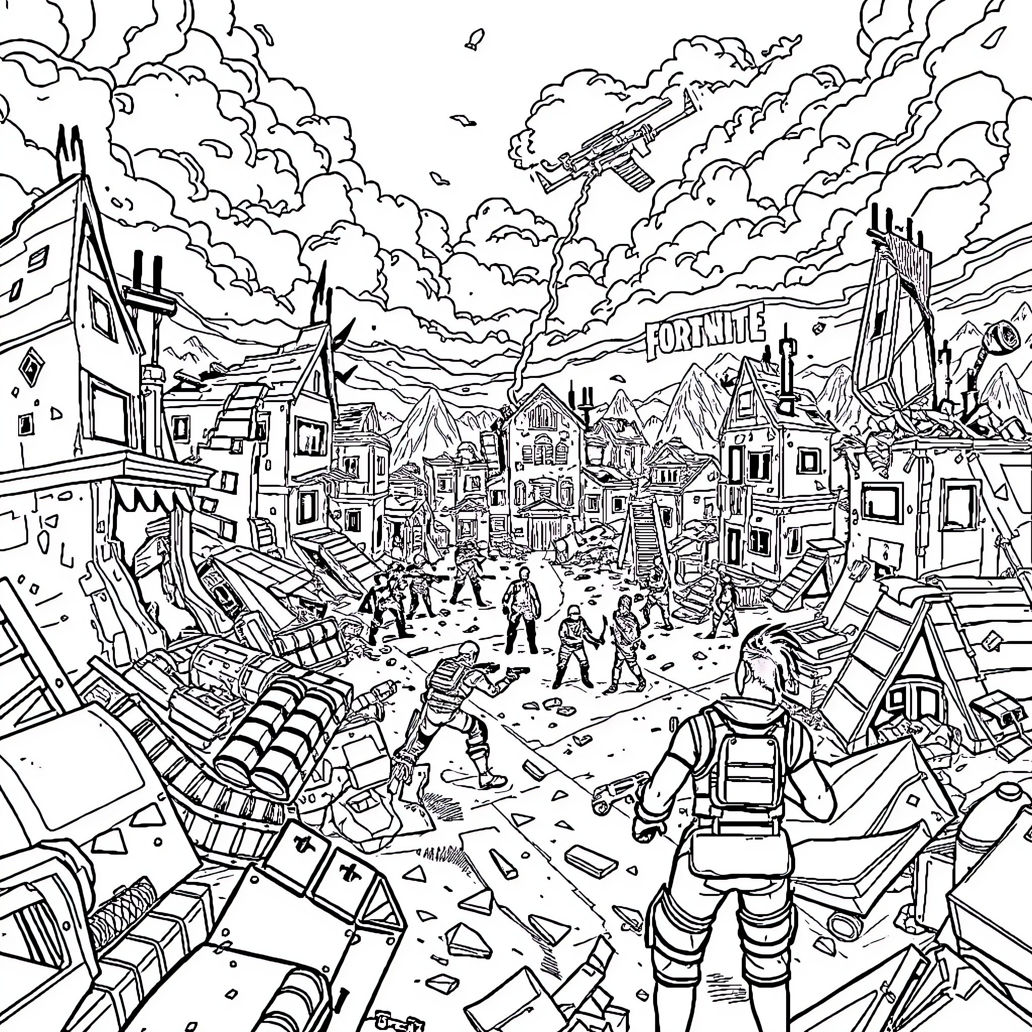 Fortnite: Chaotic Battle Royale in the Ruins Coloring Page (free black-and-white line drawing printable PDF for all, from beginners to advanced learners, including children, teens, adults, and seniors)