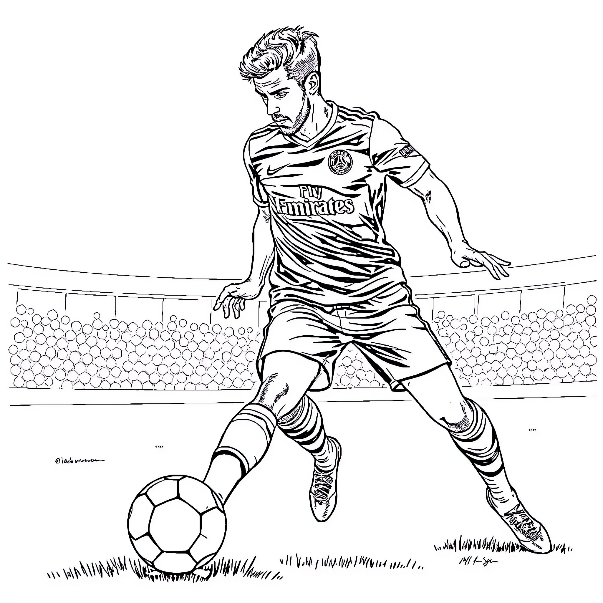 Football Player Dribbling on the Field Coloring Page (free black-and-white line drawing printable PDF for all, from beginners to advanced learners, including children, teens, adults, and seniors)