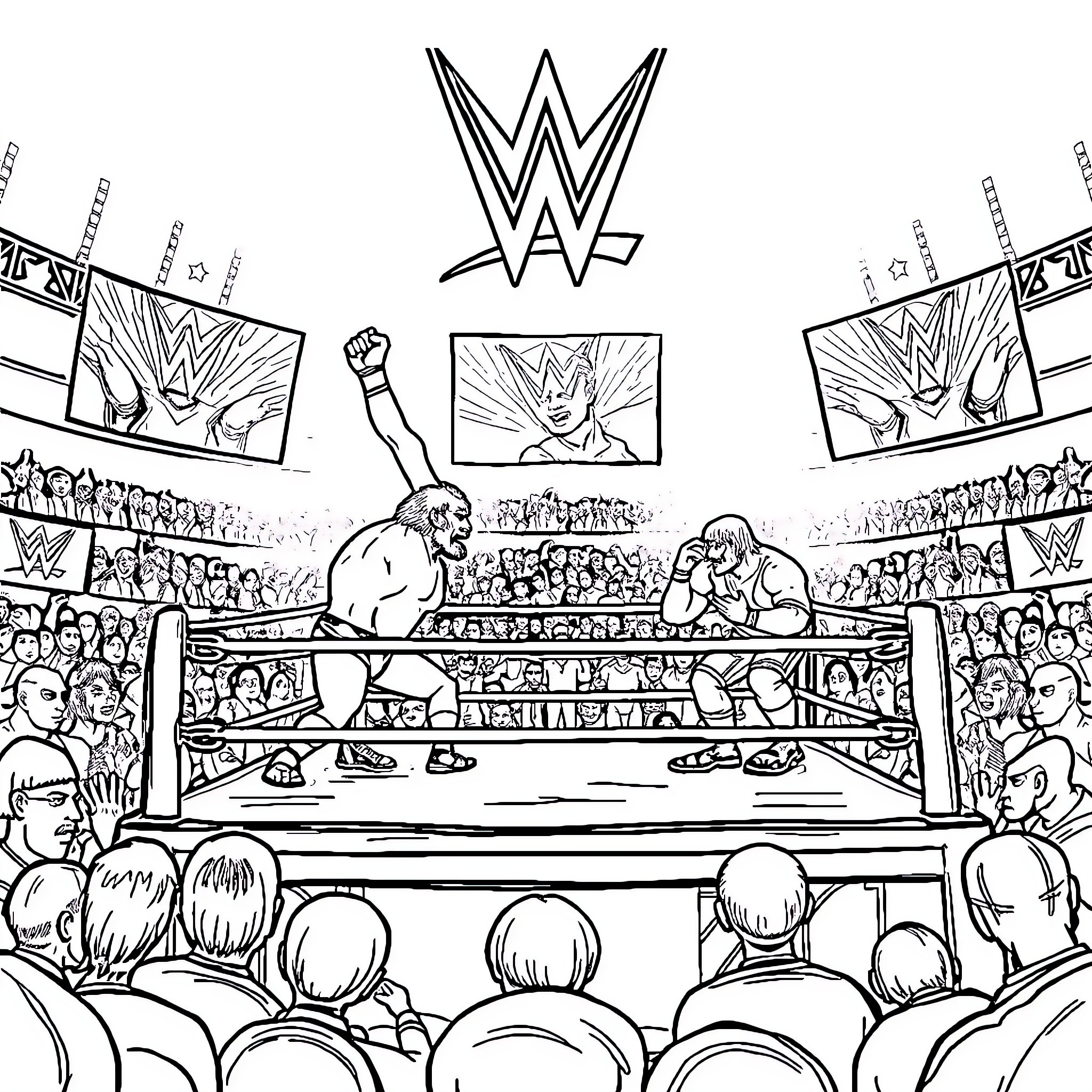 WWE Wrestlers Battling in an Epic Wrestling Match Coloring Page (free black-and-white line drawing printable PDF for all, from beginners to advanced learners, including children, teens, adults, and seniors)