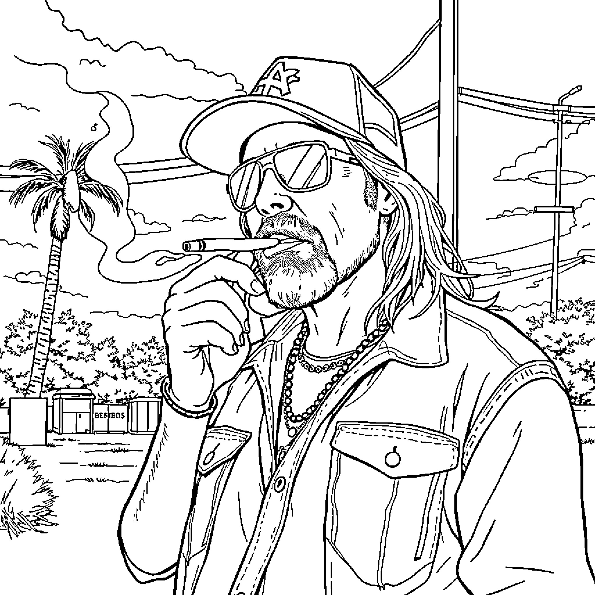 Bret Michaels enjoying the outdoors in his signature attire Coloring Page (free black-and-white line drawing printable PDF for all, from beginners to advanced learners, including children, teens, adults, and seniors)