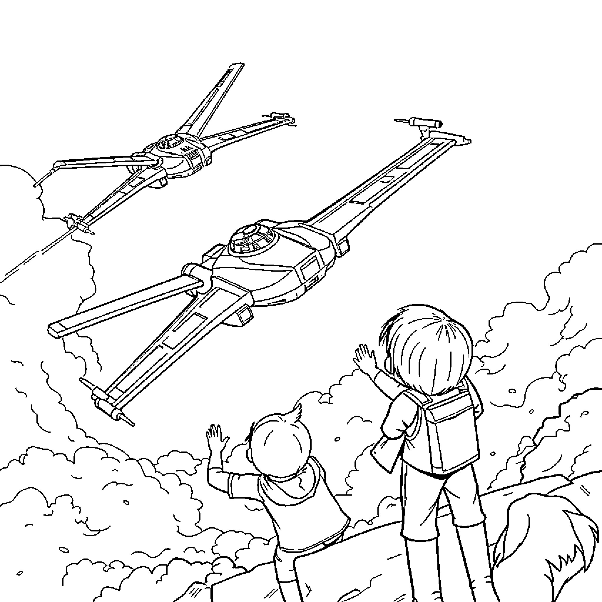 X-Wing Fighters Soaring Over Excited Onlookers Coloring Page (free black-and-white line drawing printable PDF for all, from beginners to advanced learners, including children, teens, adults, and seniors)