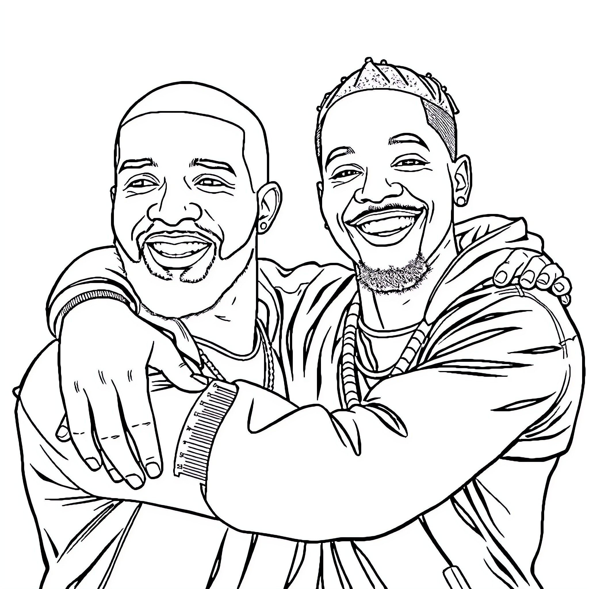 Drake Brothers Sharing a Joyful Embrace Coloring Page (free black-and-white line drawing printable PDF for all, from beginners to advanced learners, including children, teens, adults, and seniors)