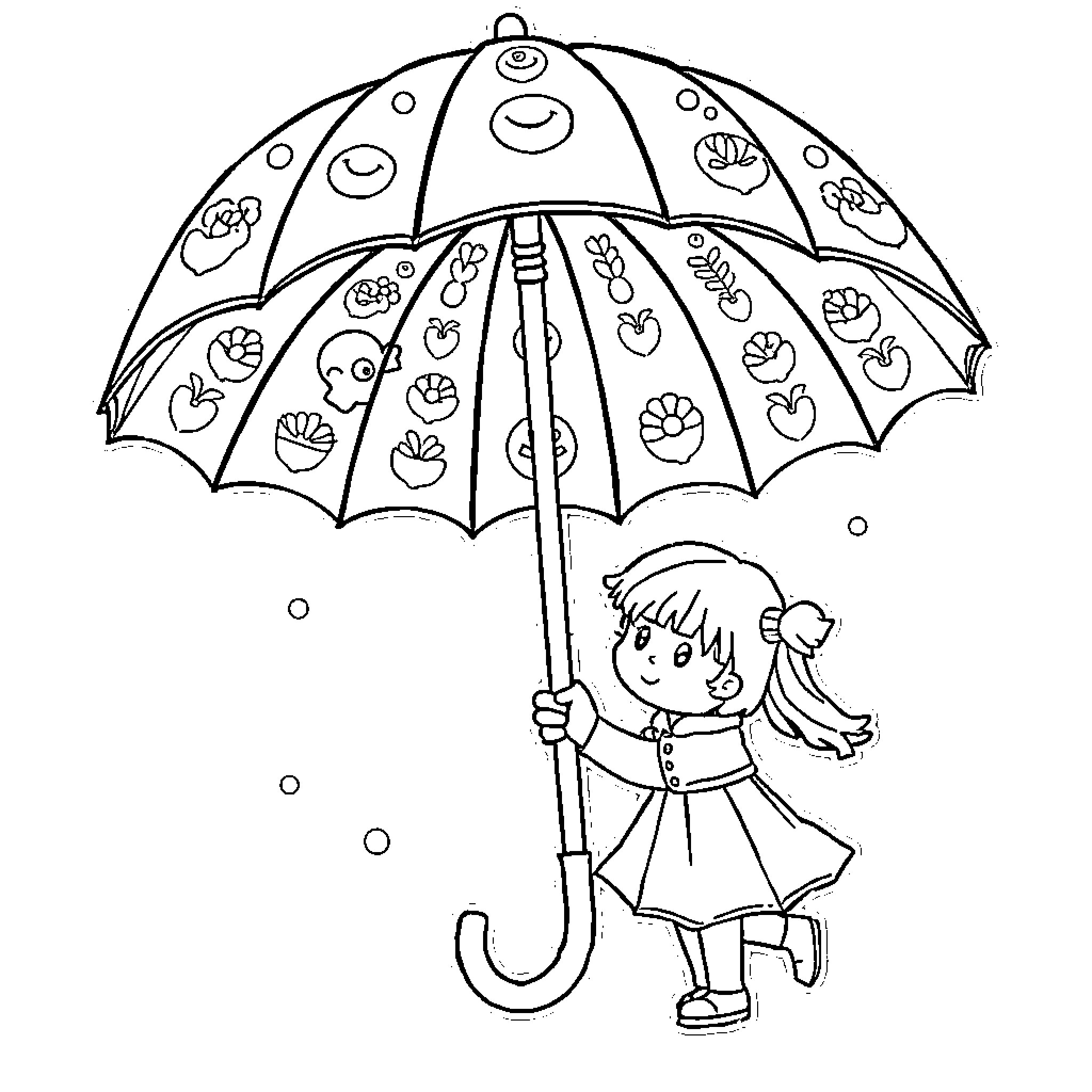 Umbrella with playful patterns and child walking Coloring Page (free black-and-white line drawing printable PDF for all, from beginners to advanced learners, including children, teens, adults, and seniors)