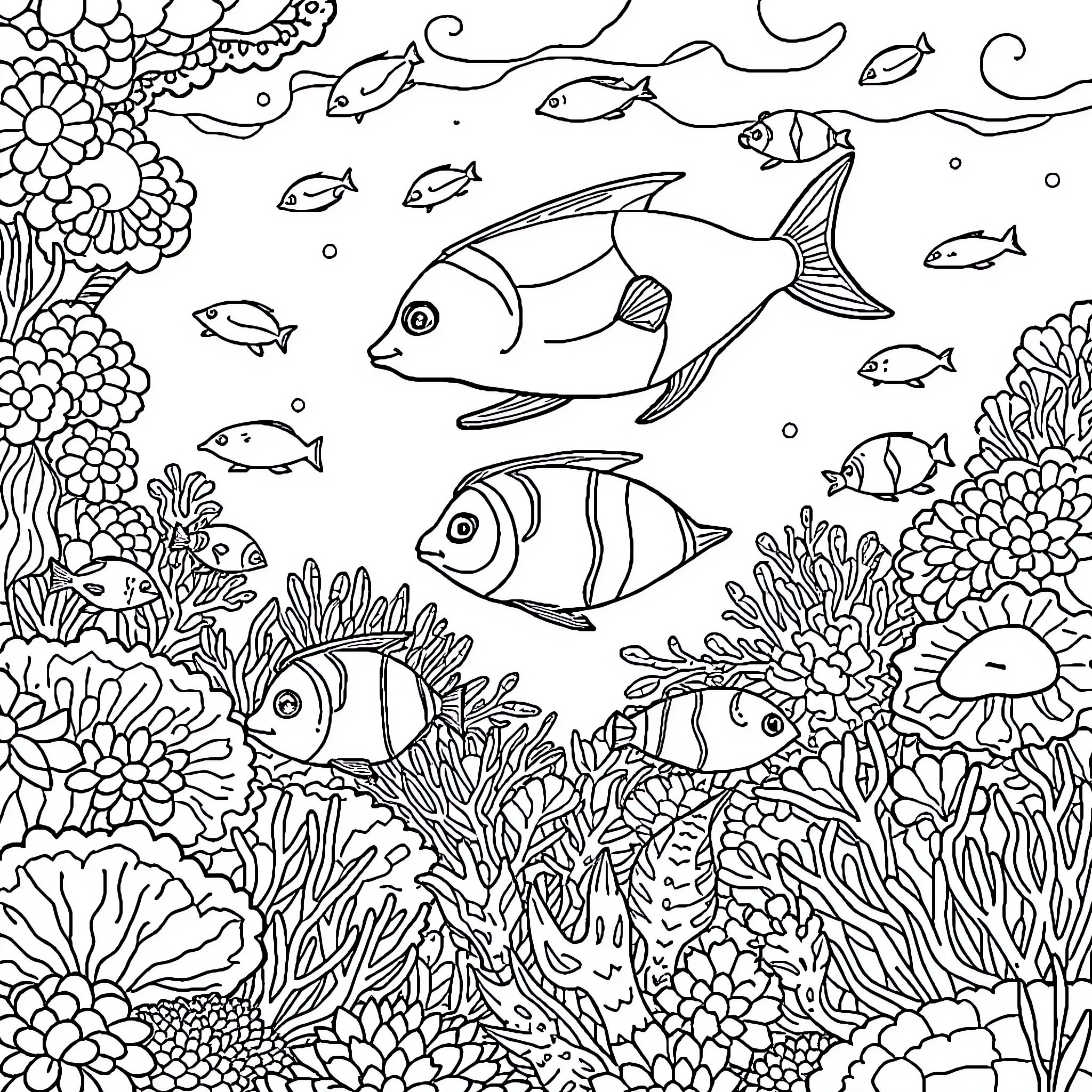 Marine life underwater with diverse fish and coral Coloring Page (free black-and-white line drawing printable PDF for all, from beginners to advanced learners, including children, teens, adults, and seniors)