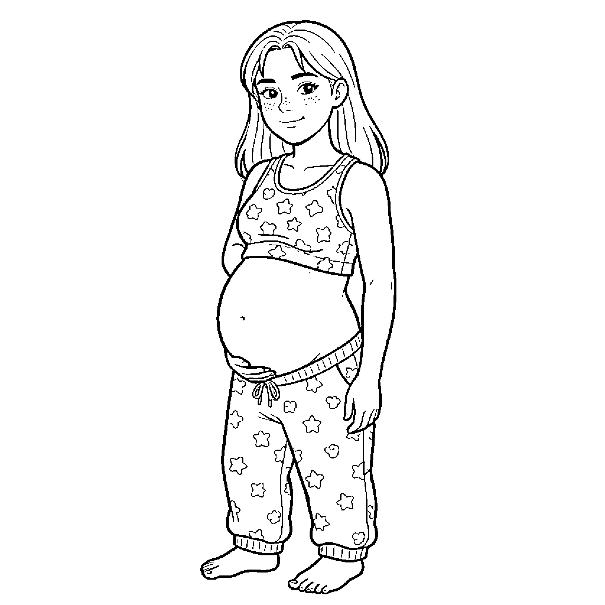 Teen Girl in Cheerful Star-Patterned Outfit Coloring Page (free black-and-white line drawing printable PDF for all, from beginners to advanced learners, including children, teens, adults, and seniors)