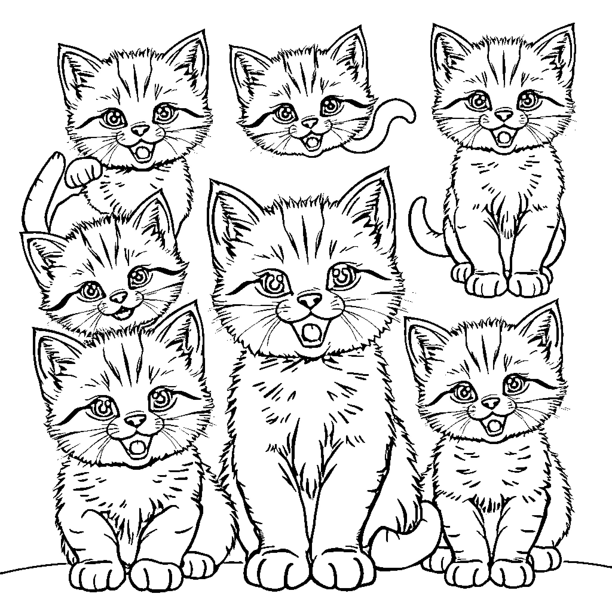 Kittens in lively poses Coloring Page (free black-and-white line drawing printable PDF for all, from beginners to advanced learners, including children, teens, adults, and seniors)