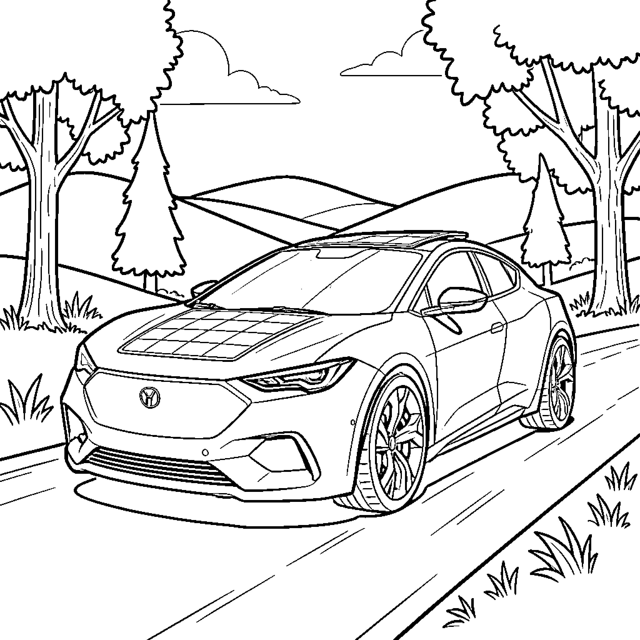 Solar Car driving along a scenic mountain road Coloring Page (free black-and-white line drawing printable PDF for all, from beginners to advanced learners, including children, teens, adults, and seniors)