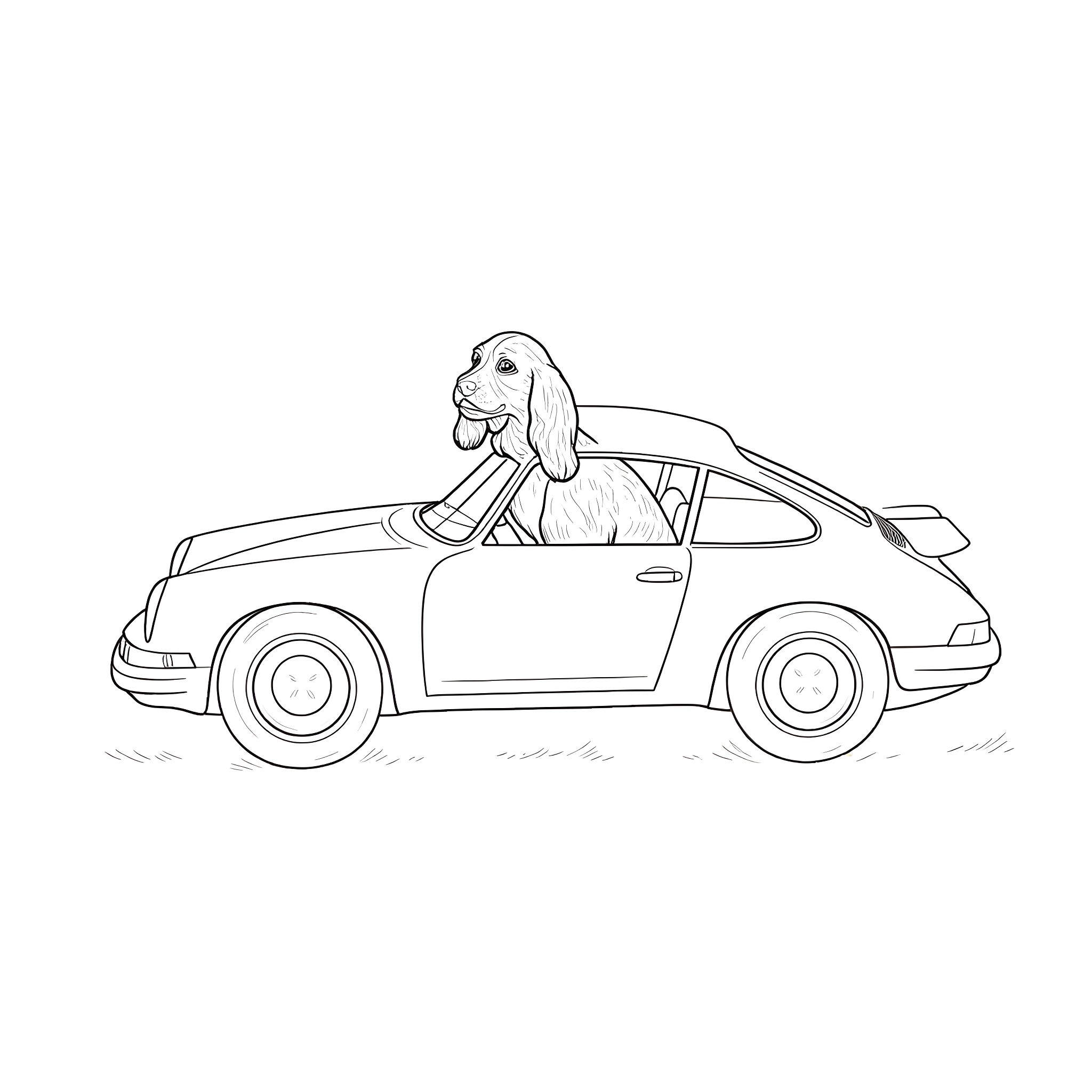 Cocker Spaniel driving a sports car Coloring Page (free black-and-white line drawing printable PDF for all, from beginners to advanced learners, including children, teens, adults, and seniors)