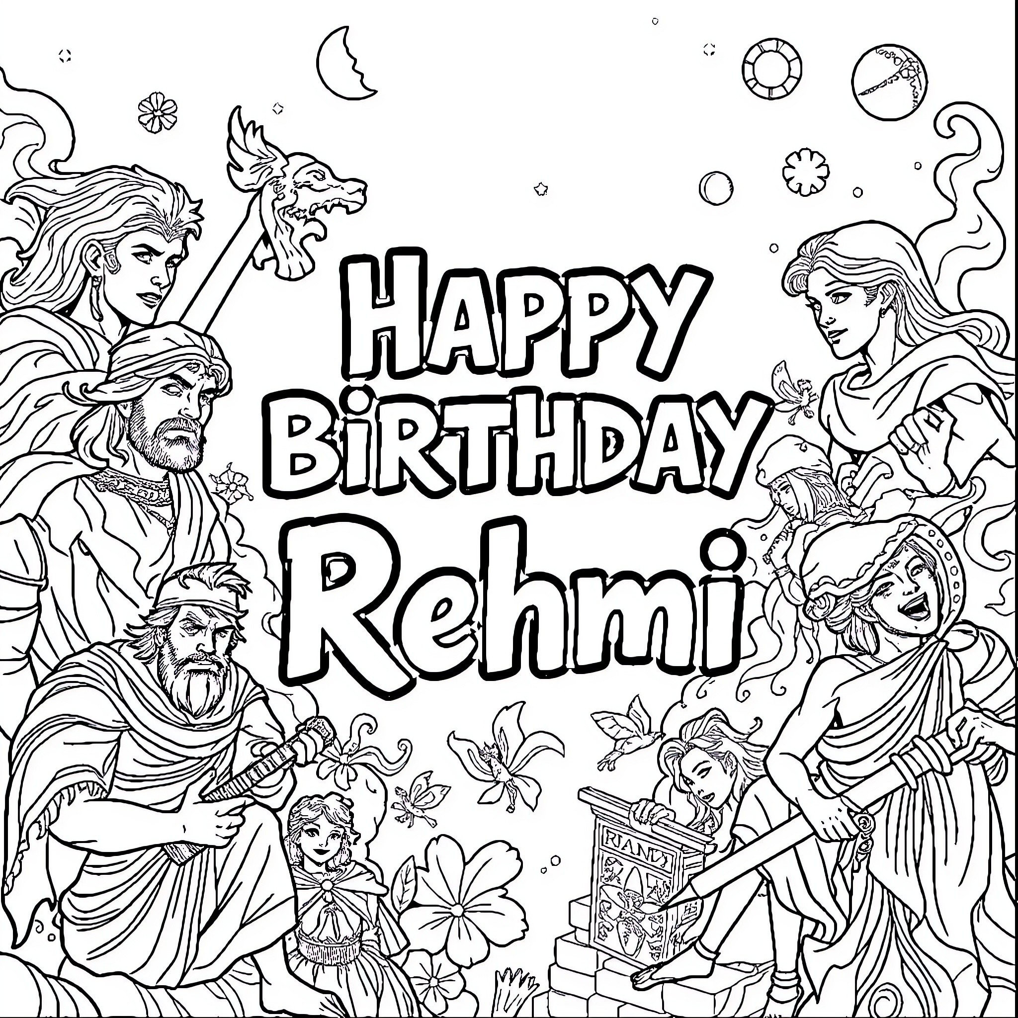 Percy Jackson's Happy Birthday Celebration with Friends Coloring Page (free black-and-white line drawing printable PDF for all, from beginners to advanced learners, including children, teens, adults, and seniors)