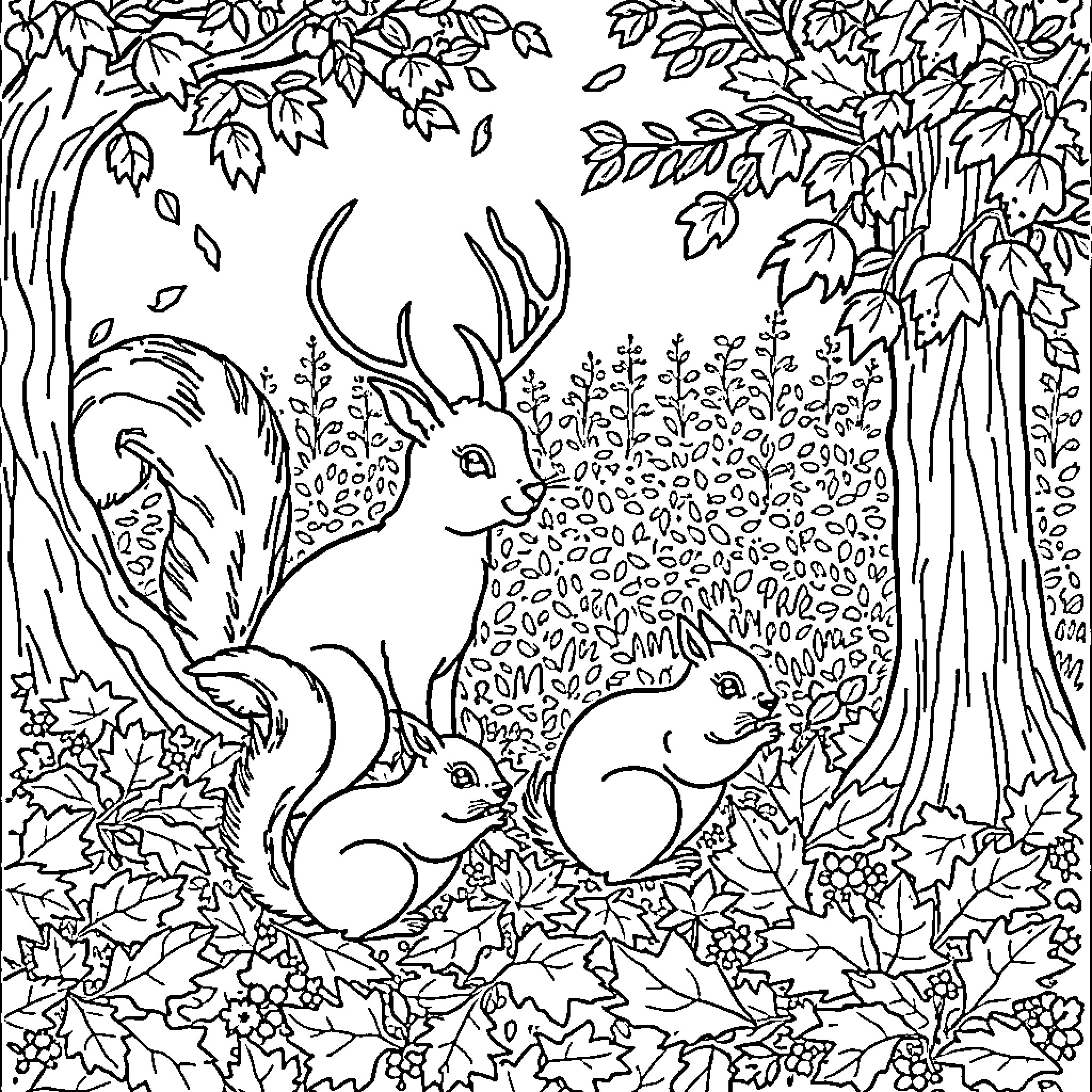 Animal friends in the forest Coloring Page (free black-and-white line drawing printable PDF for all, from beginners to advanced learners, including children, teens, adults, and seniors)