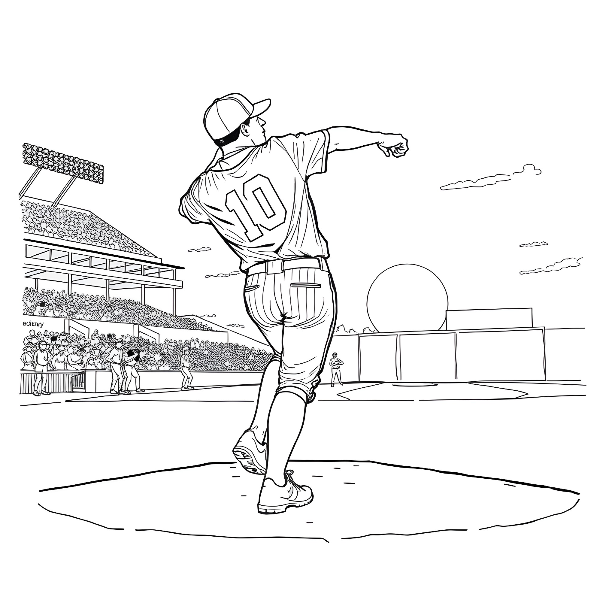 Baseball Player Pitching on the Mound Coloring Page (free black-and-white line drawing printable PDF for all, from beginners to advanced learners, including children, teens, adults, and seniors)