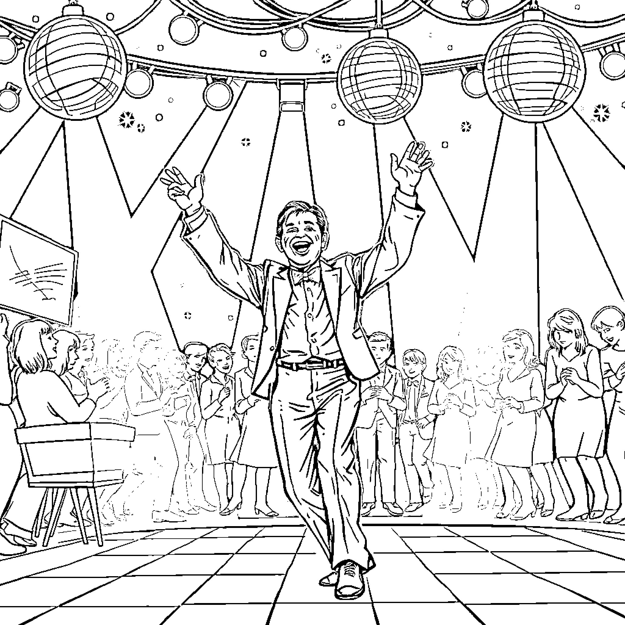 Will Rogers performing on stage with crowd Coloring Page (free black-and-white line drawing printable PDF for all, from beginners to advanced learners, including children, teens, adults, and seniors)