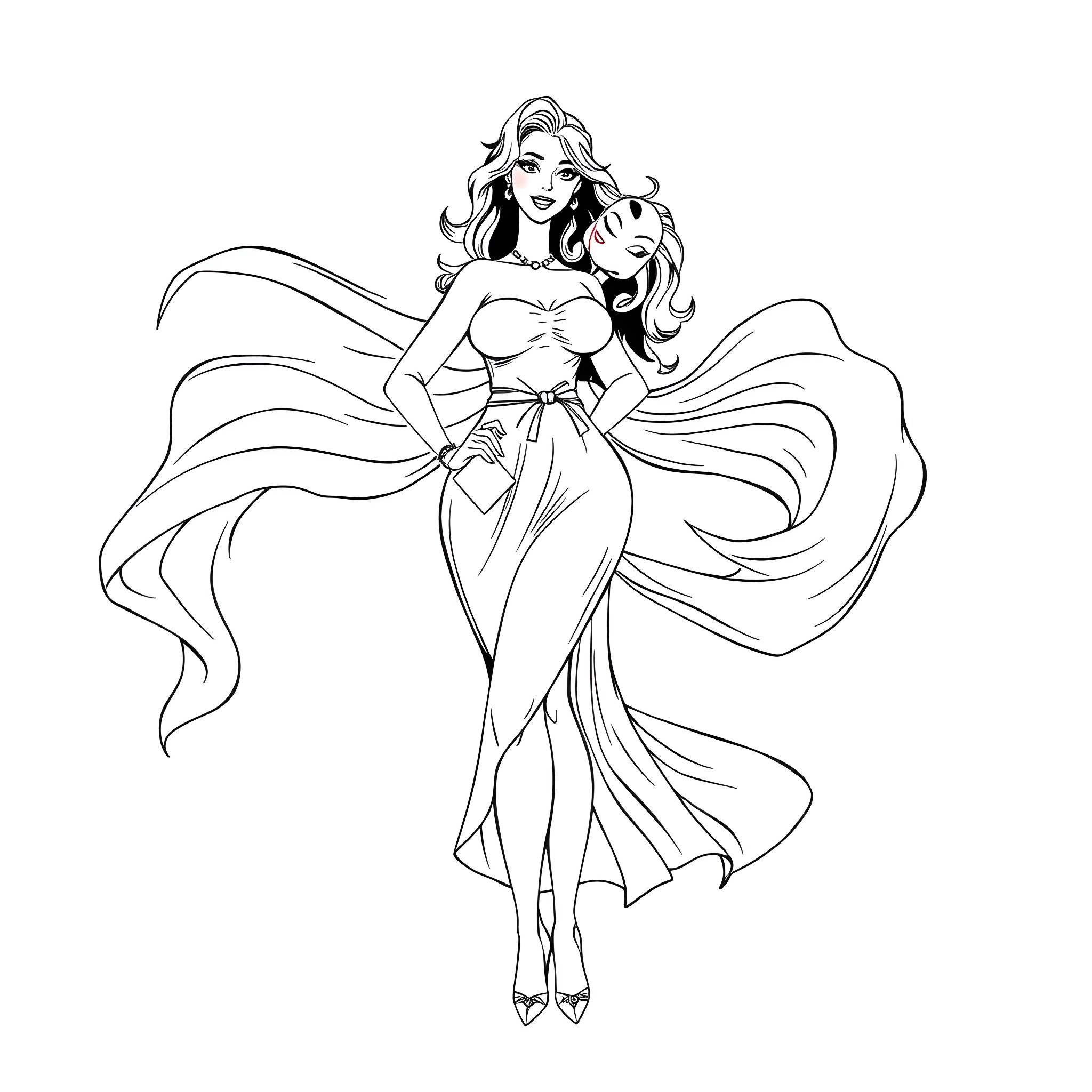 Woman in Flowing Dress Posing with Confidence Coloring Page (free black-and-white line drawing printable PDF for all, from beginners to advanced learners, including children, teens, adults, and seniors)
