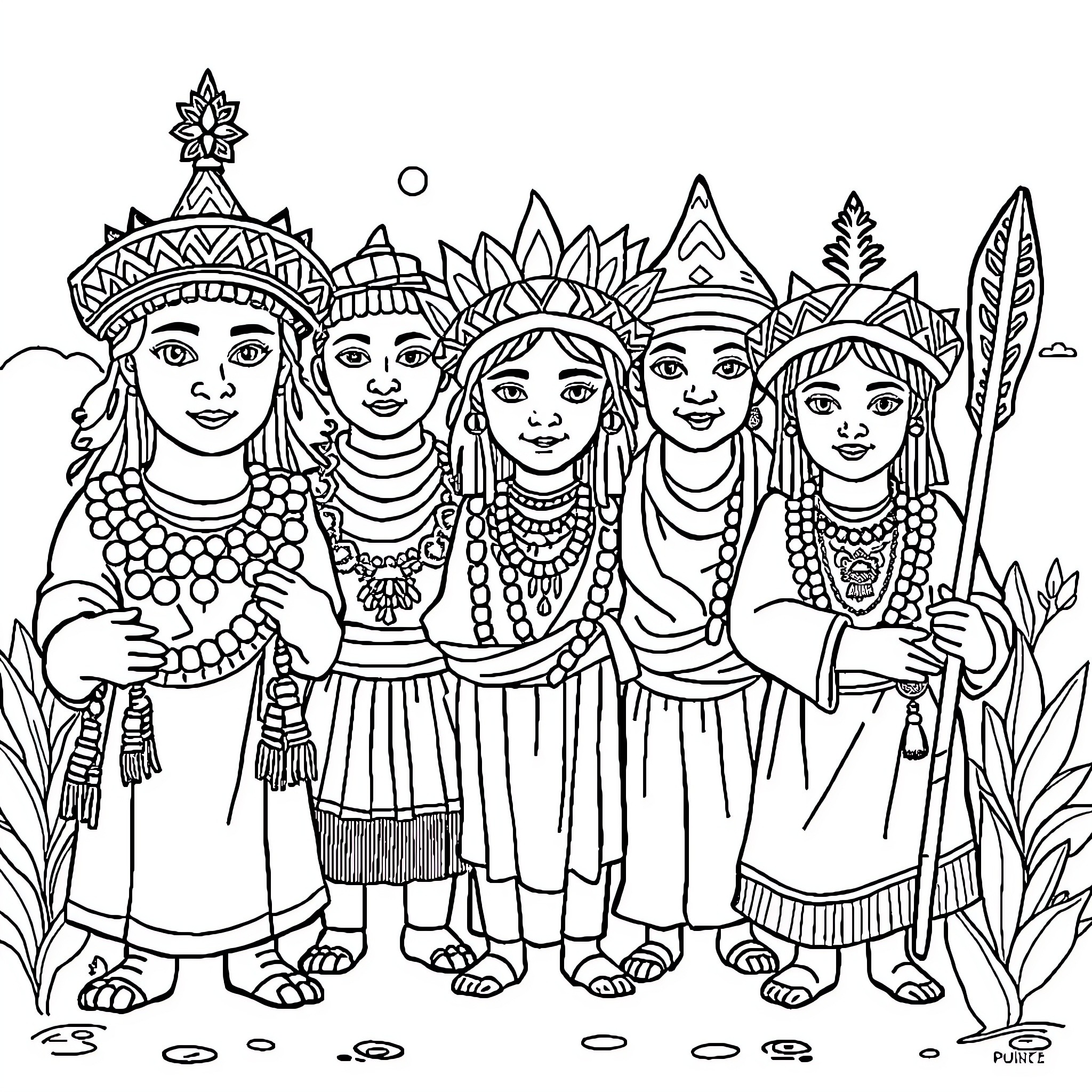 Culture of diverse indigenous people represented Coloring Page (free black-and-white line drawing printable PDF for all, from beginners to advanced learners, including children, teens, adults, and seniors)