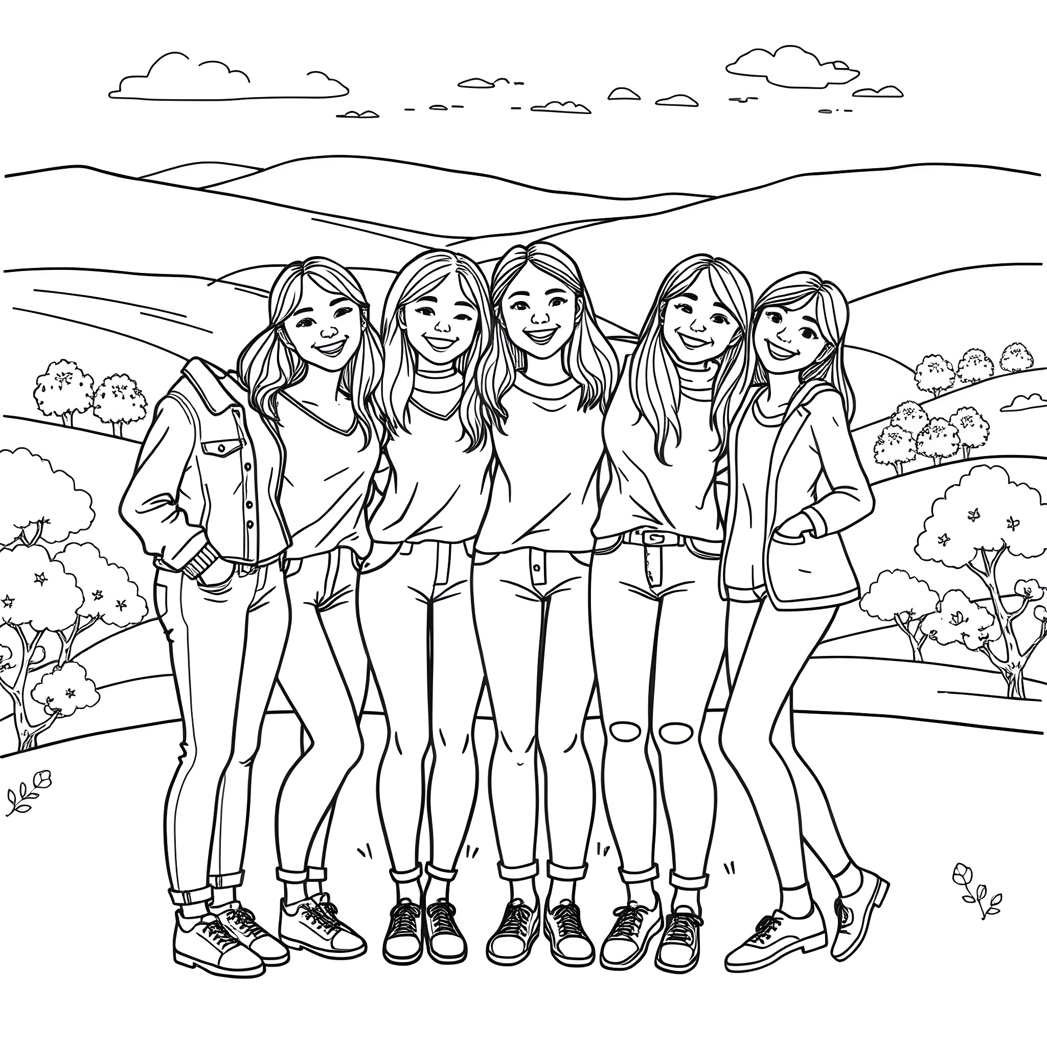 Girl friends posing in outdoor nature scene Coloring Page (free black-and-white line drawing printable PDF for all, from beginners to advanced learners, including children, teens, adults, and seniors)