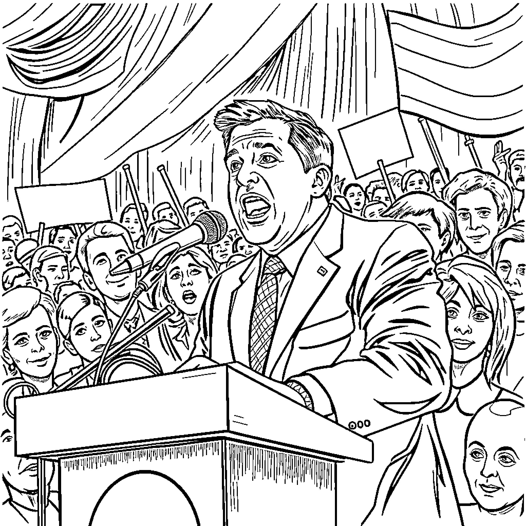 Charlie Kirk speaking passionately to a crowd Coloring Page (free black-and-white line drawing printable PDF for all, from beginners to advanced learners, including children, teens, adults, and seniors)