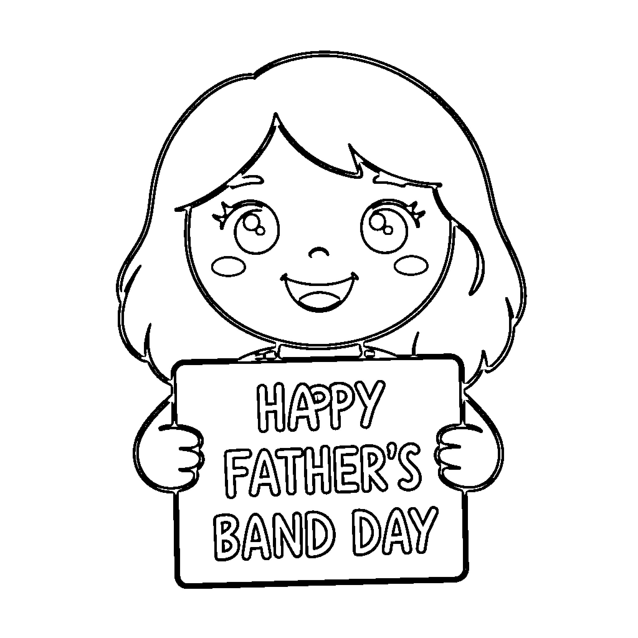 Lottie holding a happy Father's Band Day sign Coloring Page (free black-and-white line drawing printable PDF for all, from beginners to advanced learners, including children, teens, adults, and seniors)