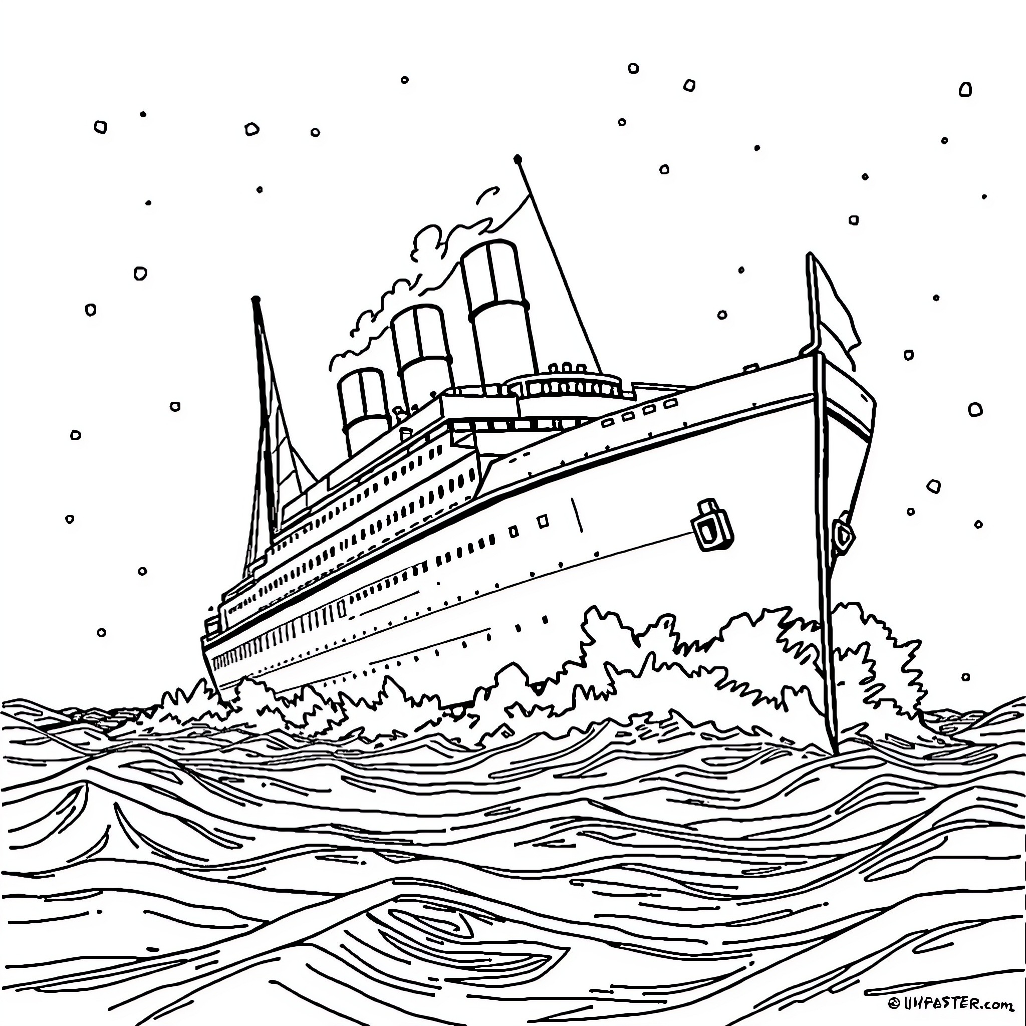 Titanic ship sailing across the vast ocean Coloring Page (free black-and-white line drawing printable PDF for all, from beginners to advanced learners, including children, teens, adults, and seniors)