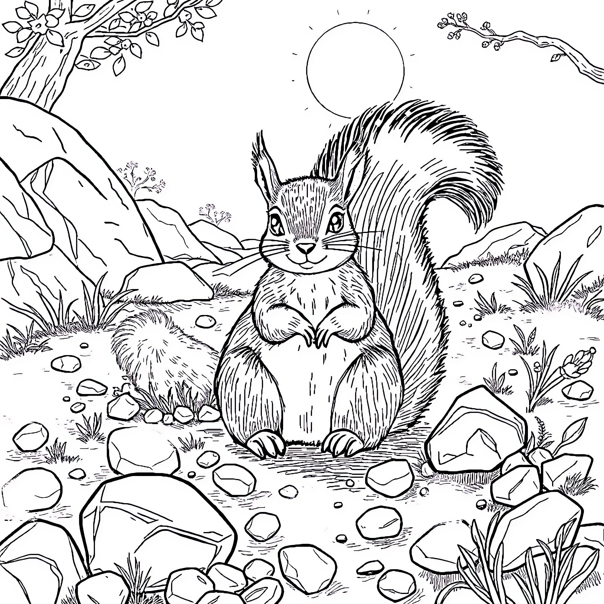 Squirrel enjoying the outdoors in a natural setting Coloring Page (free black-and-white line drawing printable PDF for all, from beginners to advanced learners, including children, teens, adults, and seniors)