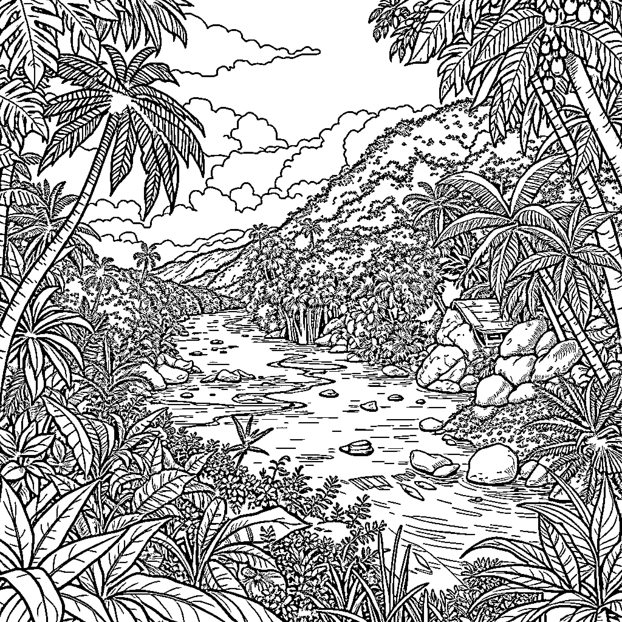 Guyana: Lush Jungle Landscape with Flowing River Coloring Page (free black-and-white line drawing printable PDF for all, from beginners to advanced learners, including children, teens, adults, and seniors)
