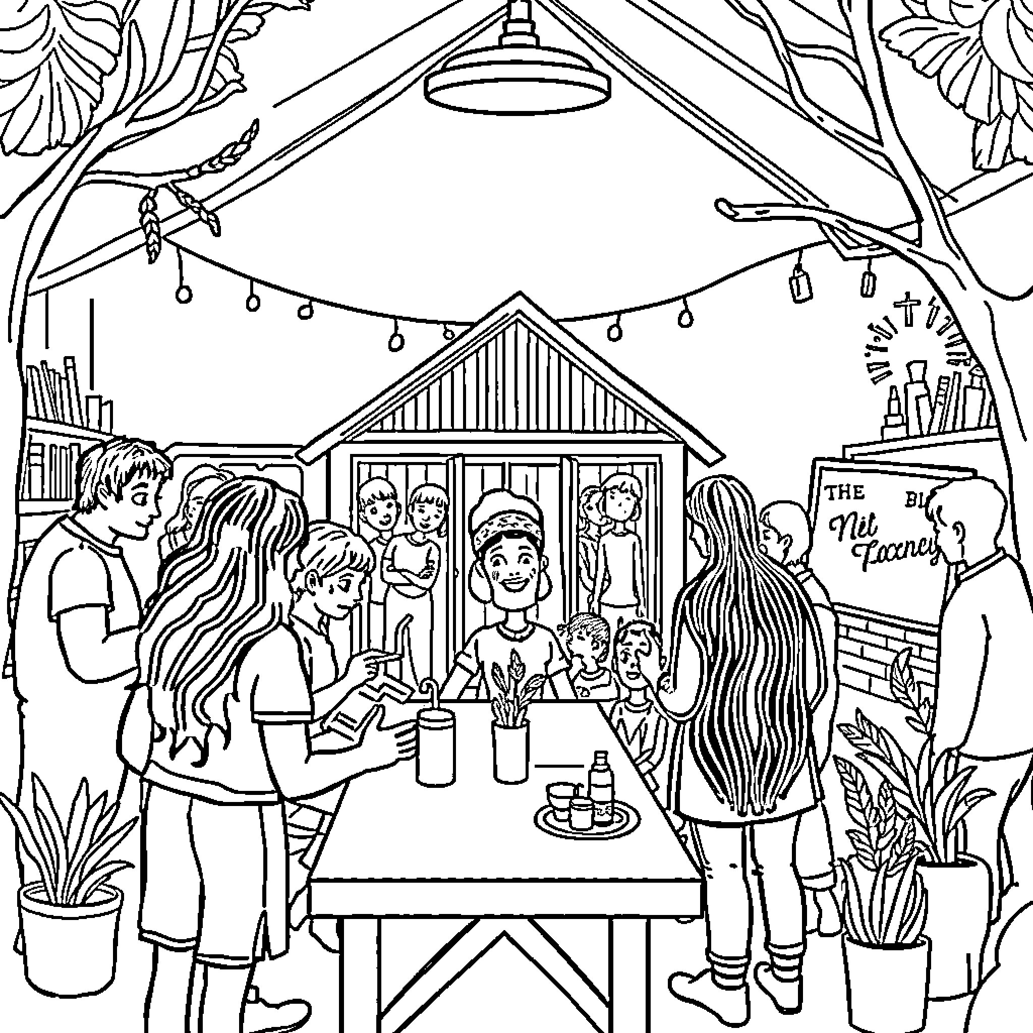 Dti Group Gathering in Backyard Coloring Page (free black-and-white line drawing printable PDF for all, from beginners to advanced learners, including children, teens, adults, and seniors)