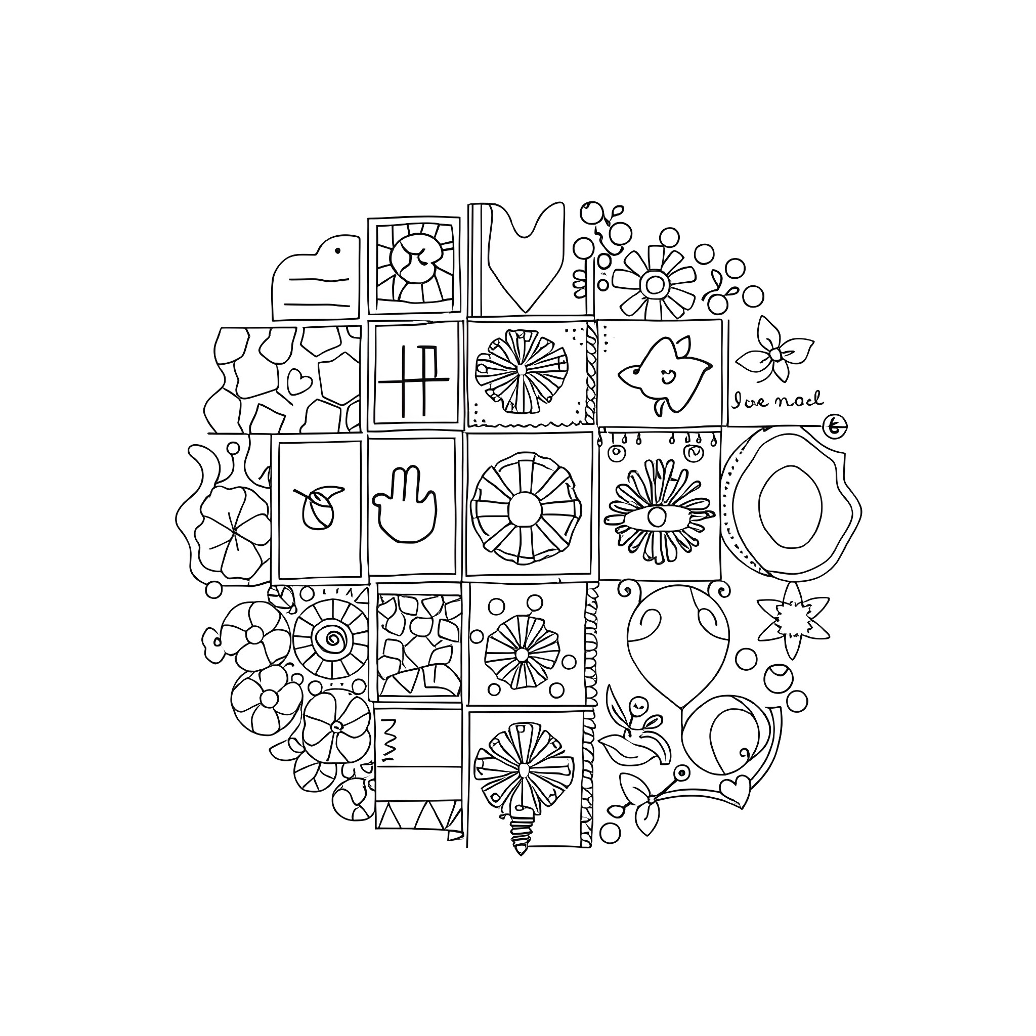 Patchwork of Whimsical Floral Designs Coloring Page (free black-and-white line drawing printable PDF for all, from beginners to advanced learners, including children, teens, adults, and seniors)