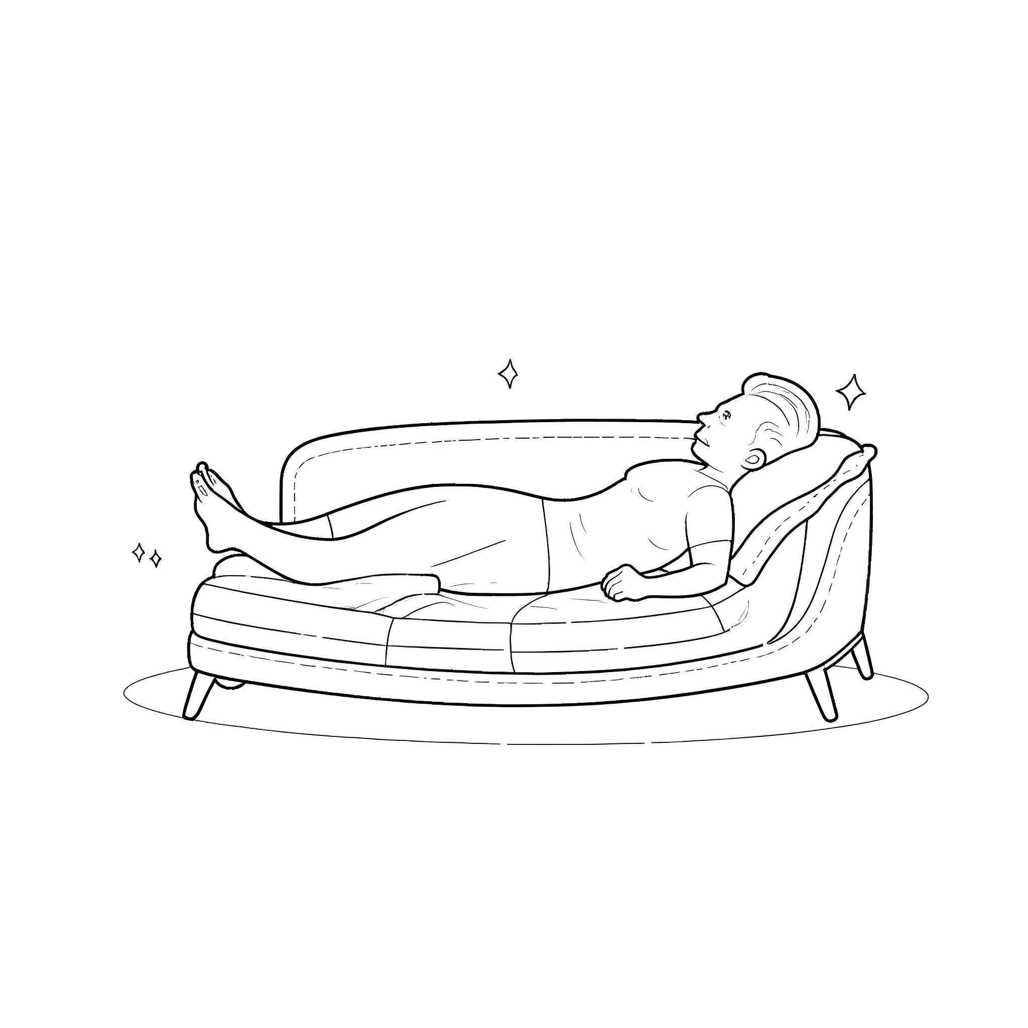 Male relaxing comfortably on lounge chair Coloring Page (free black-and-white line drawing printable PDF for all, from beginners to advanced learners, including children, teens, adults, and seniors)
