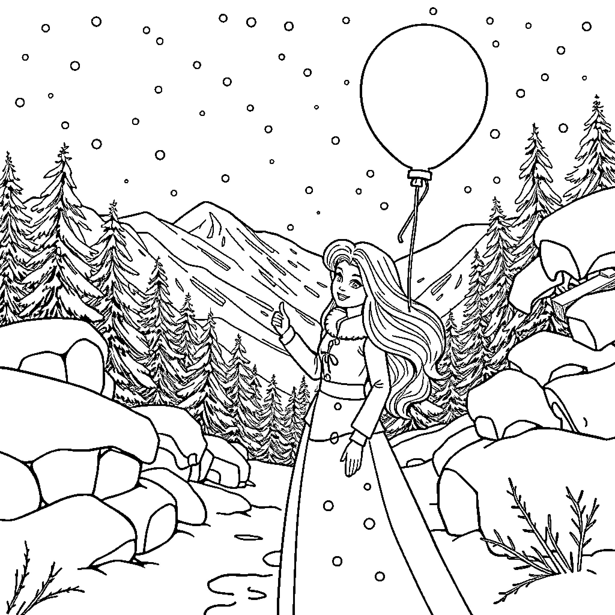 Barbie's Wintertime Adventure Coloring Page (free black-and-white line drawing printable PDF for all, from beginners to advanced learners, including children, teens, adults, and seniors)