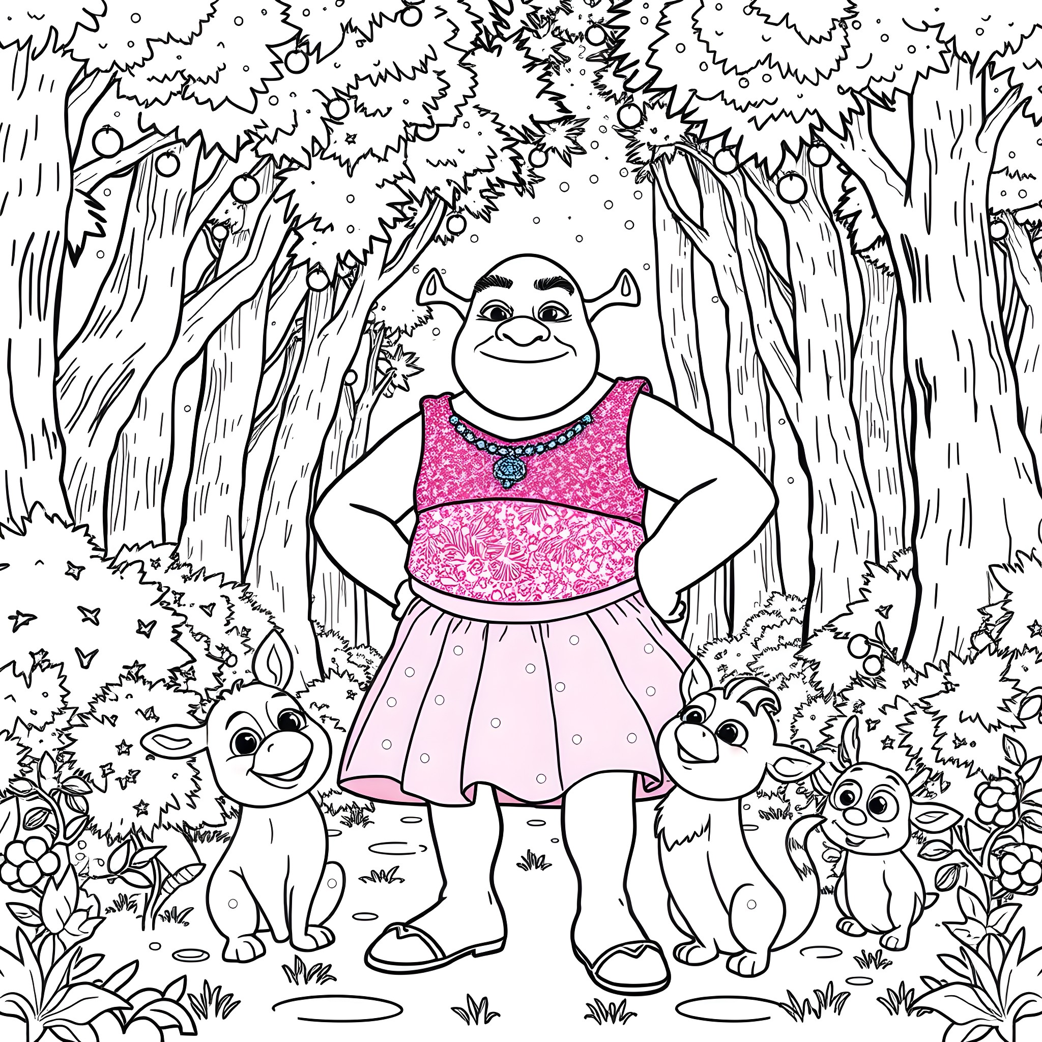 Shrek and friends explore the enchanted forest Coloring Page (free black-and-white line drawing printable PDF for all, from beginners to advanced learners, including children, teens, adults, and seniors)
