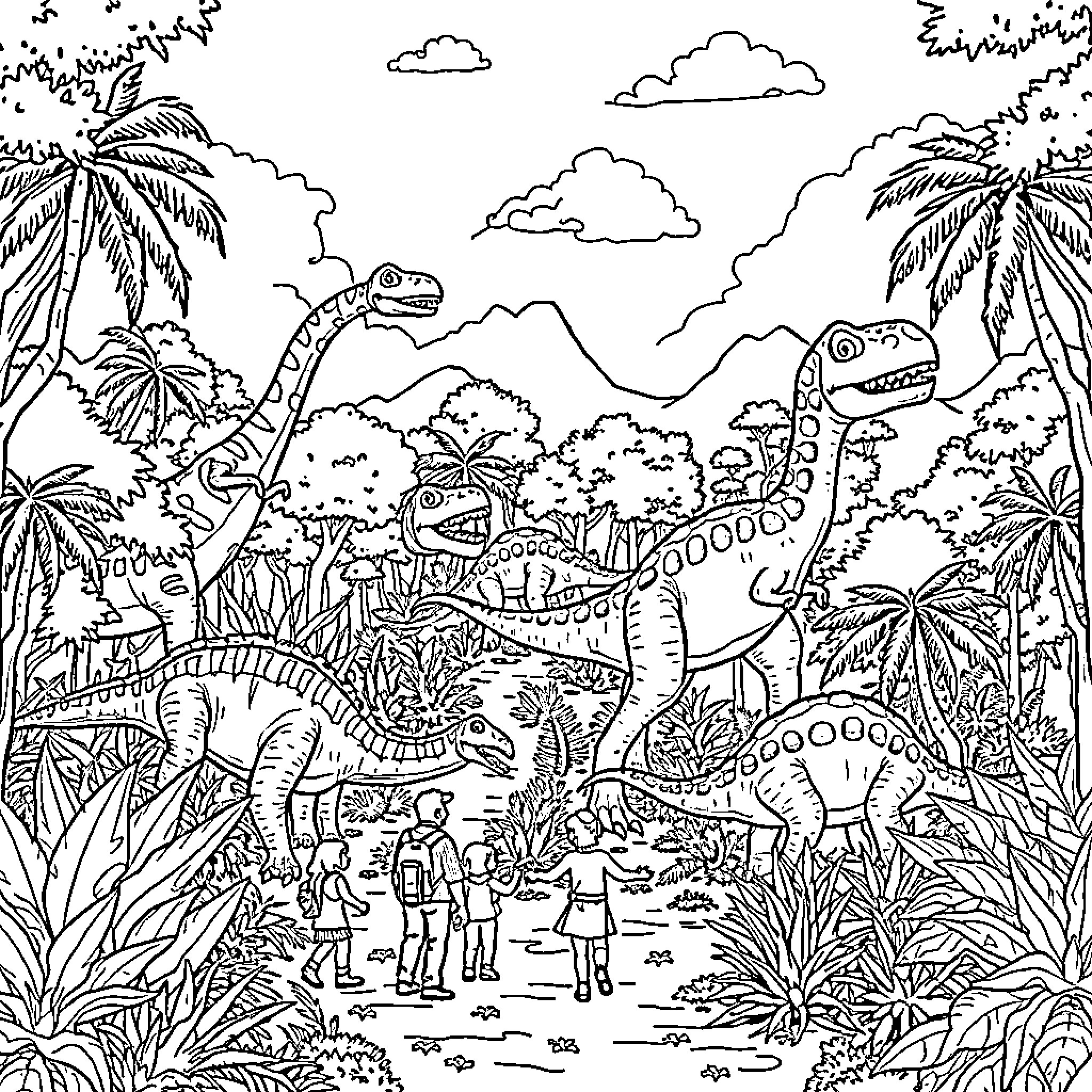 Dinosaur Exploration in the Prehistoric Landscape Coloring Page (free black-and-white line drawing printable PDF for all, from beginners to advanced learners, including children, teens, adults, and seniors)