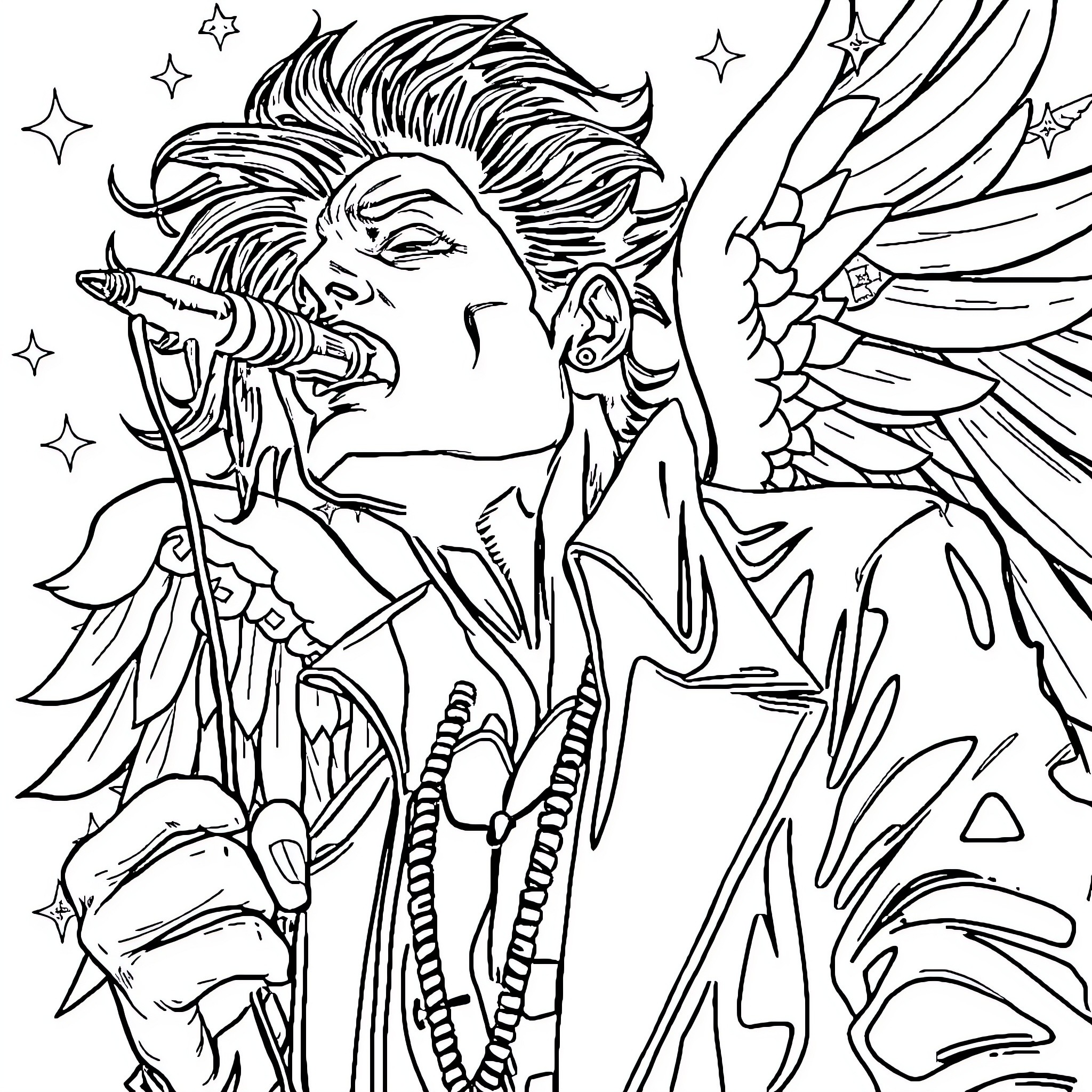 Cantante performing energetically on stage Coloring Page (free black-and-white line drawing printable PDF for all, from beginners to advanced learners, including children, teens, adults, and seniors)