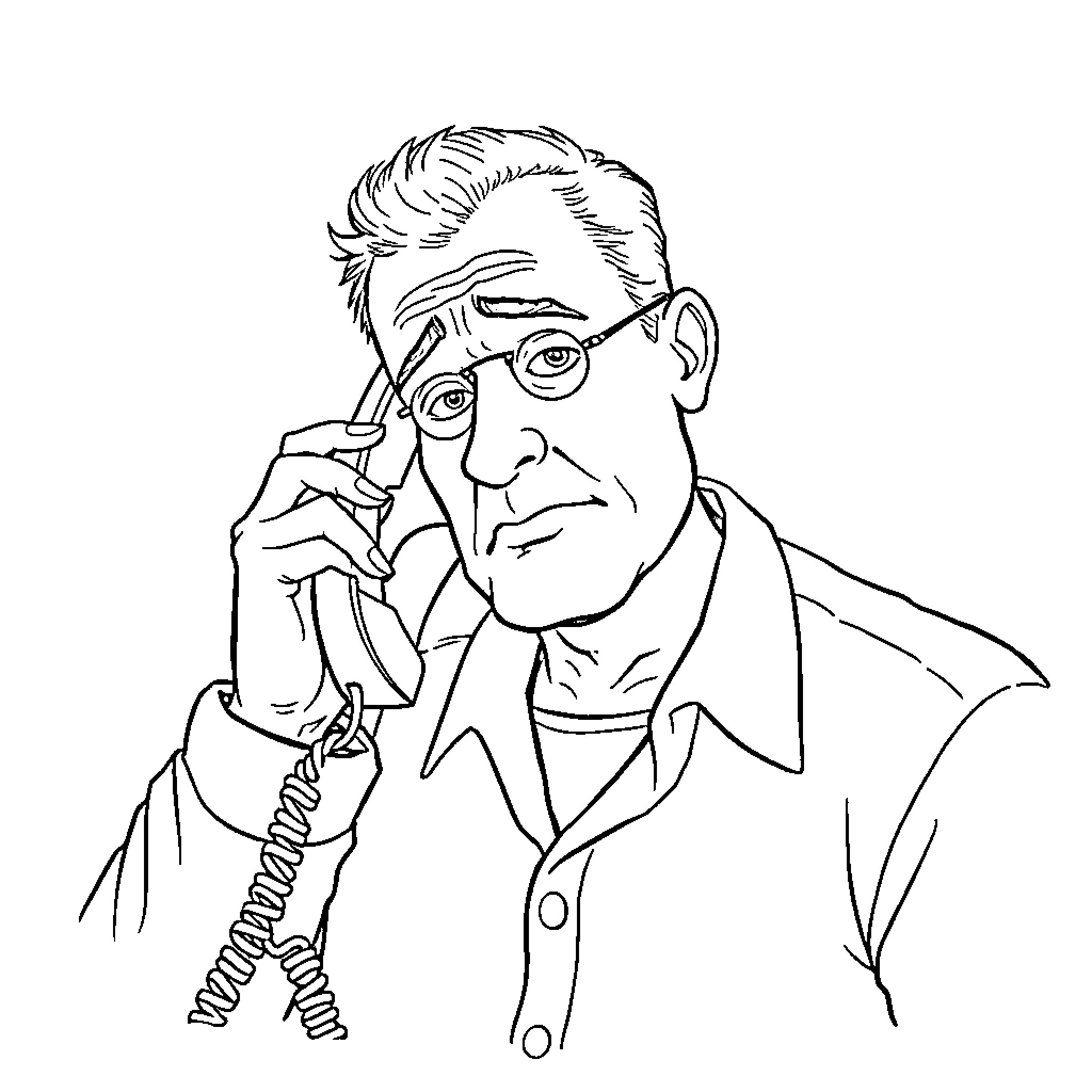Dad speaking on the telephone seriously Coloring Page (free black-and-white line drawing printable PDF for all, from beginners to advanced learners, including children, teens, adults, and seniors)