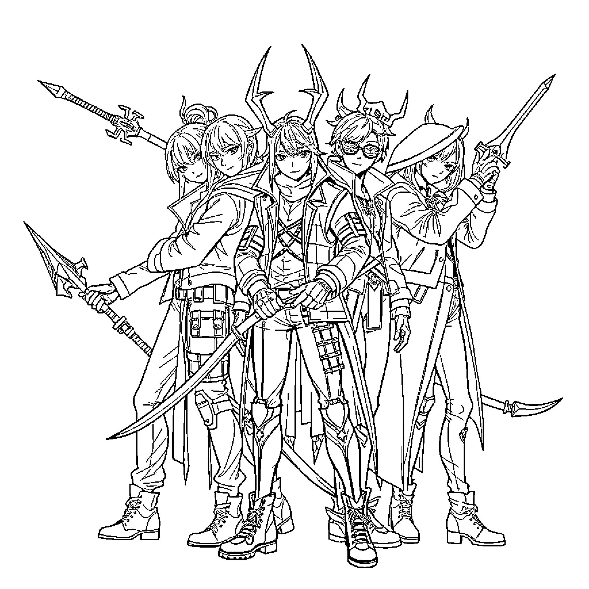 Demon Hunter Group Poses with Weapons Coloring Page (free black-and-white line drawing printable PDF for all, from beginners to advanced learners, including children, teens, adults, and seniors)