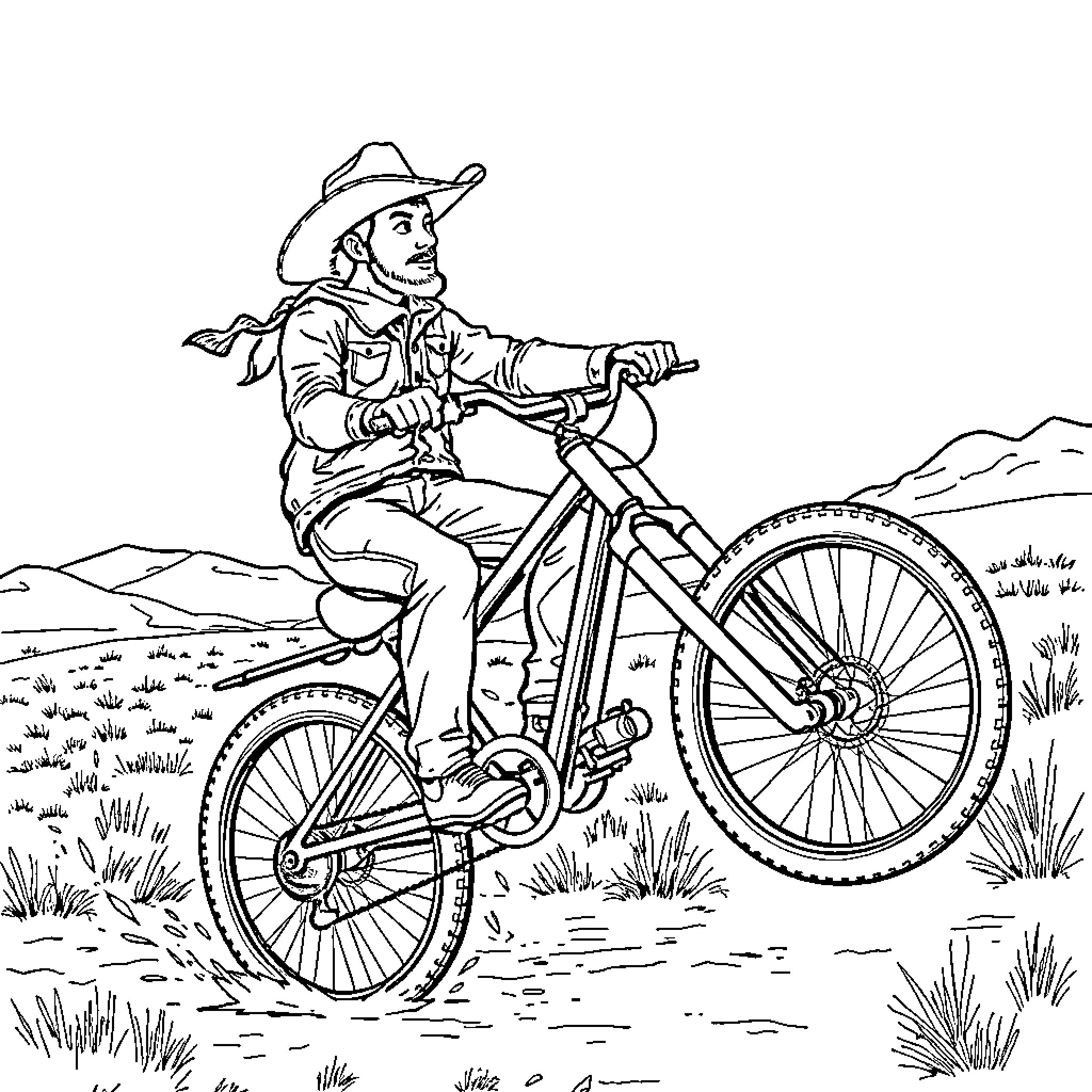 Cowboy riding bicycle through the countryside Coloring Page (free black-and-white line drawing printable PDF for all, from beginners to advanced learners, including children, teens, adults, and seniors)