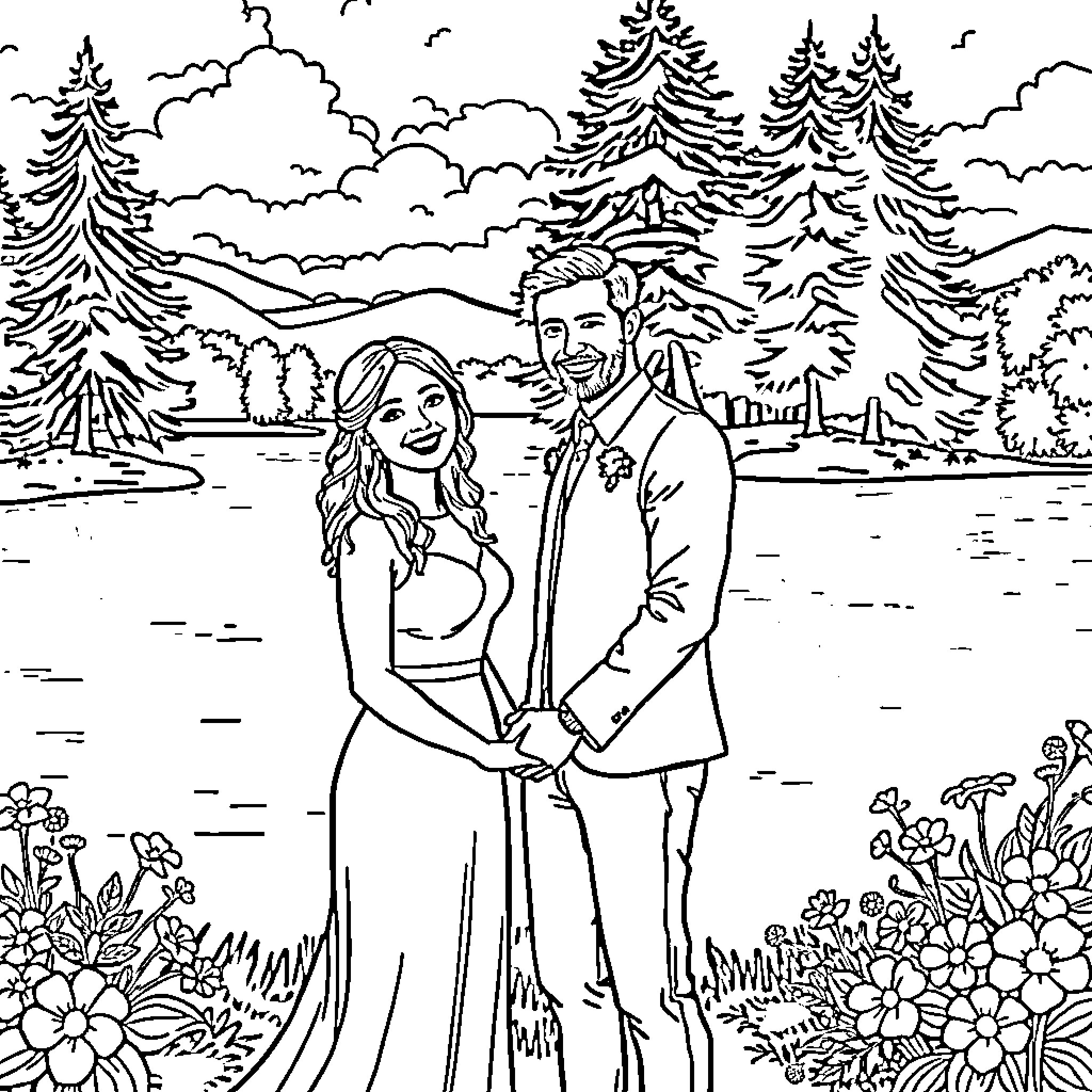 Wedding couple posing in scenic outdoor setting Coloring Page (free black-and-white line drawing printable PDF for all, from beginners to advanced learners, including children, teens, adults, and seniors)