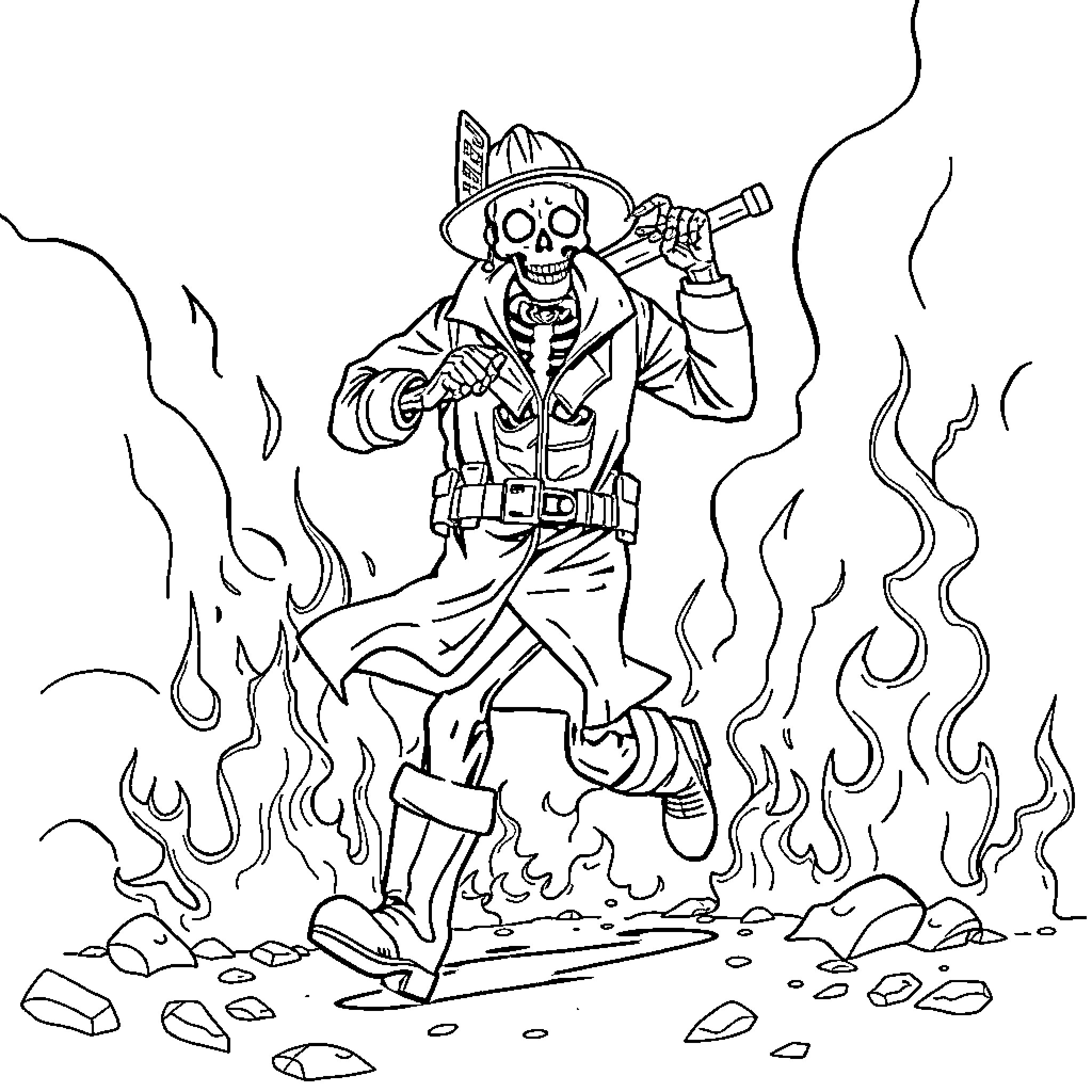 Skeleton firefighter battling blaze with determination Coloring Page (free black-and-white line drawing printable PDF for all, from beginners to advanced learners, including children, teens, adults, and seniors)