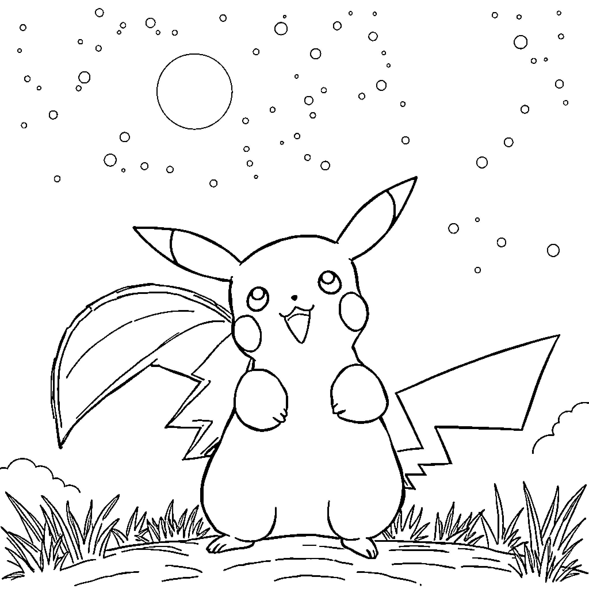Ondine's Magical Pikachu Adventure Coloring Page (free black-and-white line drawing printable PDF for all, from beginners to advanced learners, including children, teens, adults, and seniors)