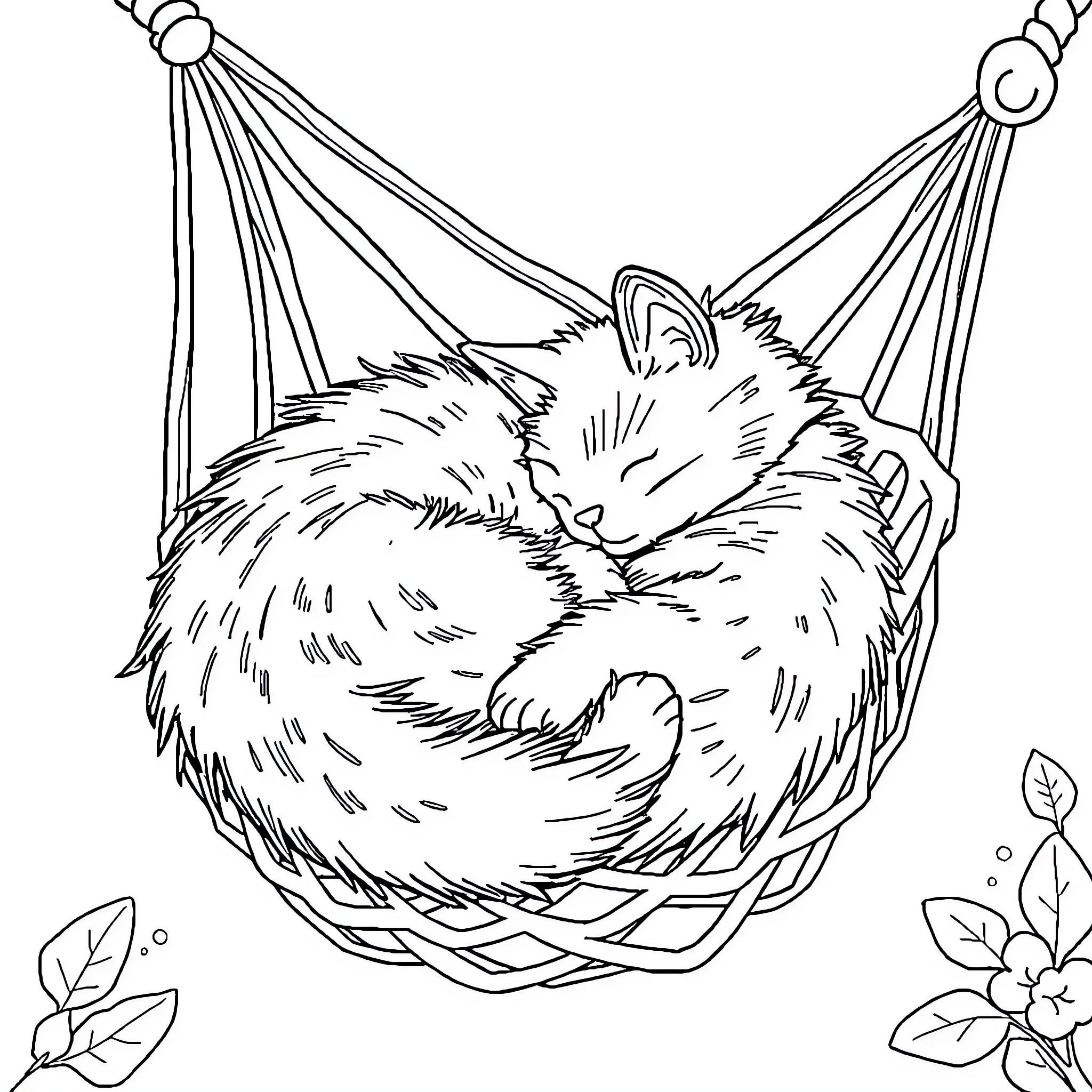 Cat sleeping peacefully in hammock Coloring Page (free black-and-white line drawing printable PDF for all, from beginners to advanced learners, including children, teens, adults, and seniors)