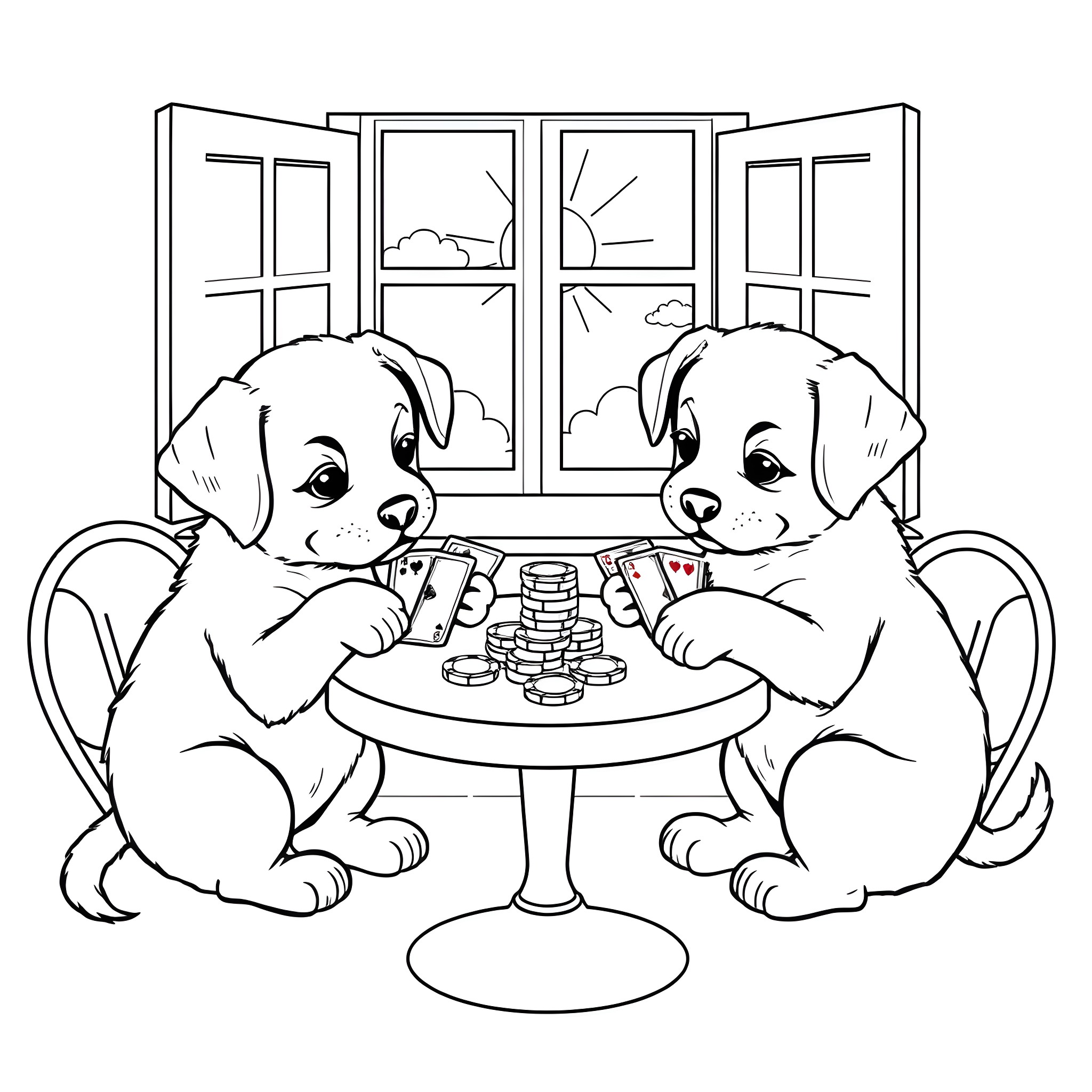 Puppies Playing a Game Together Coloring Page (free black-and-white line drawing printable PDF for all, from beginners to advanced learners, including children, teens, adults, and seniors)