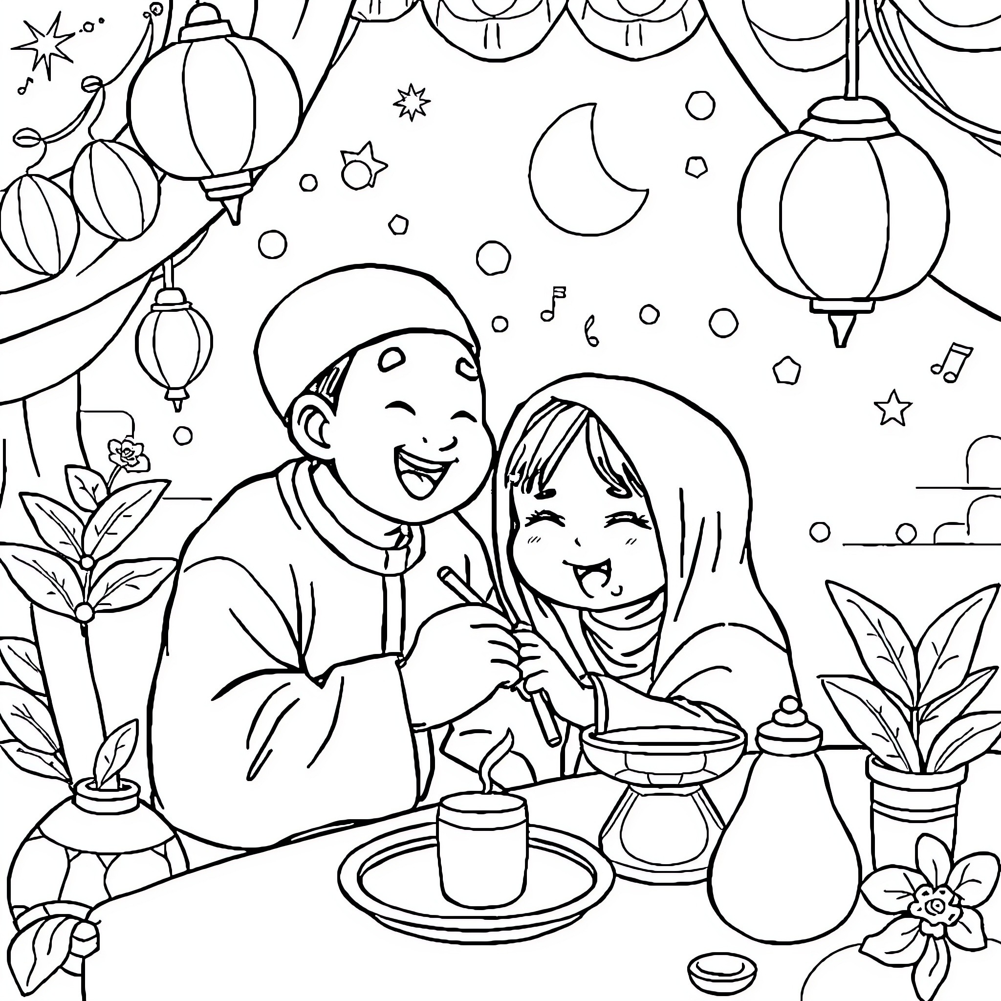 Tung Tung's Joyful Lantern Festival Celebration Coloring Page (free black-and-white line drawing printable PDF for all, from beginners to advanced learners, including children, teens, adults, and seniors)