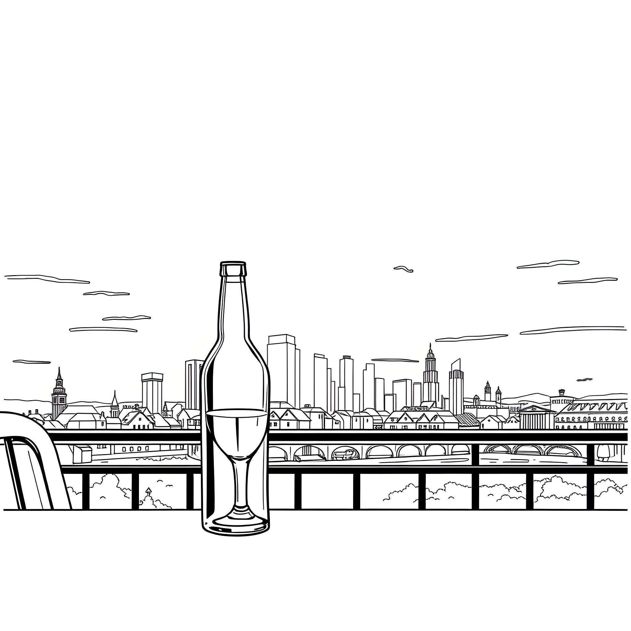 Beer Glass against Cityscape Skyline Coloring Page (free black-and-white line drawing printable PDF for all, from beginners to advanced learners, including children, teens, adults, and seniors)