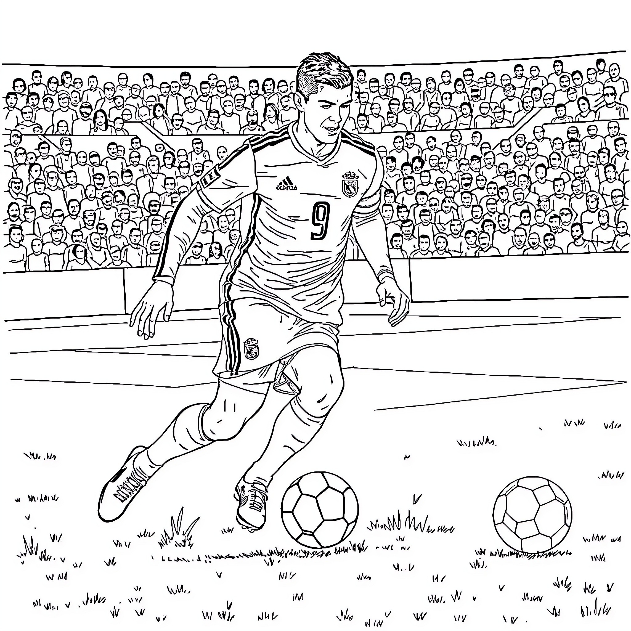 Ronaldo Dominating the Soccer Field Amidst the Crowd Coloring Page (free black-and-white line drawing printable PDF for all, from beginners to advanced learners, including children, teens, adults, and seniors)